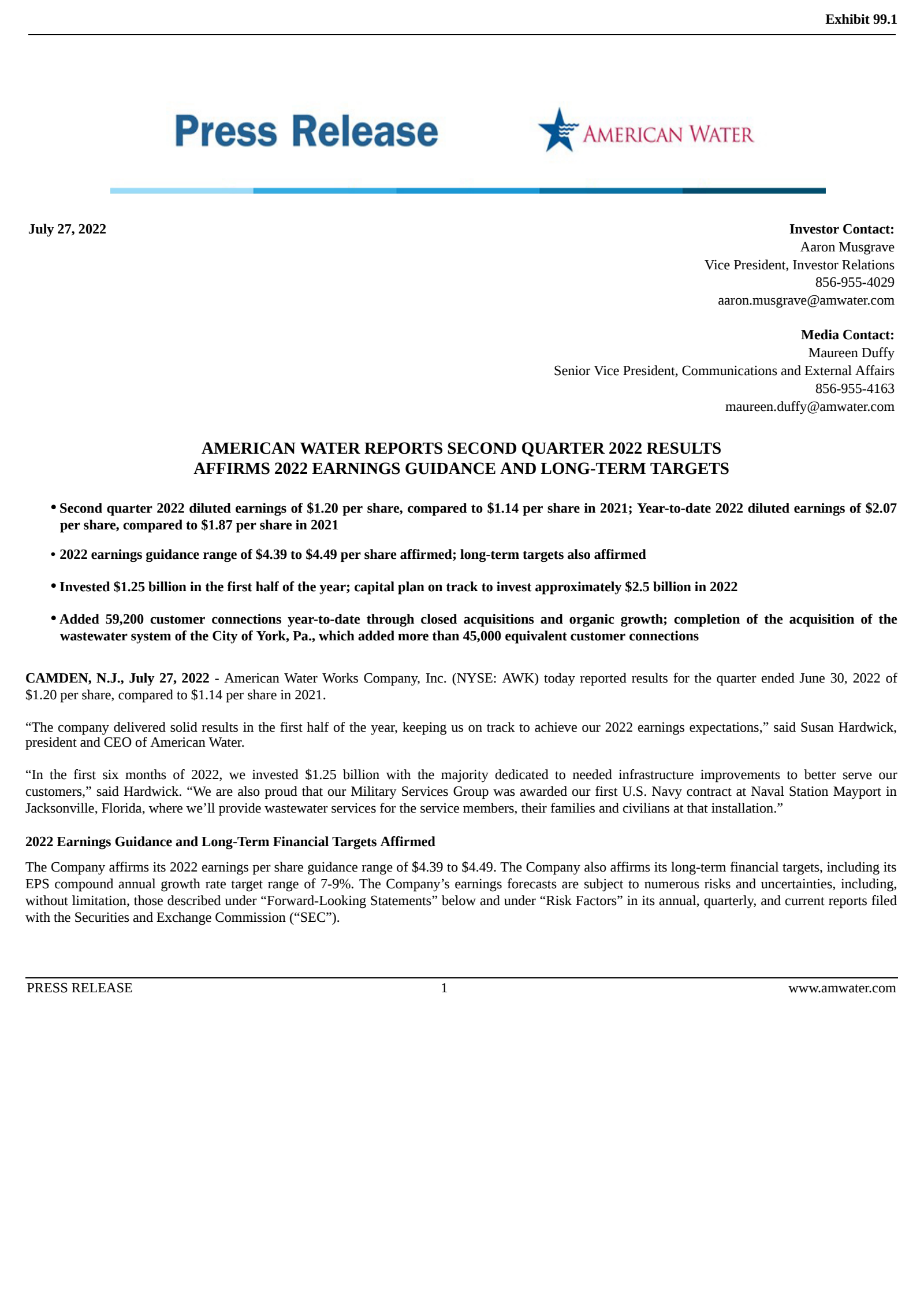 American Water Works' Q2 2022 Earnings Release