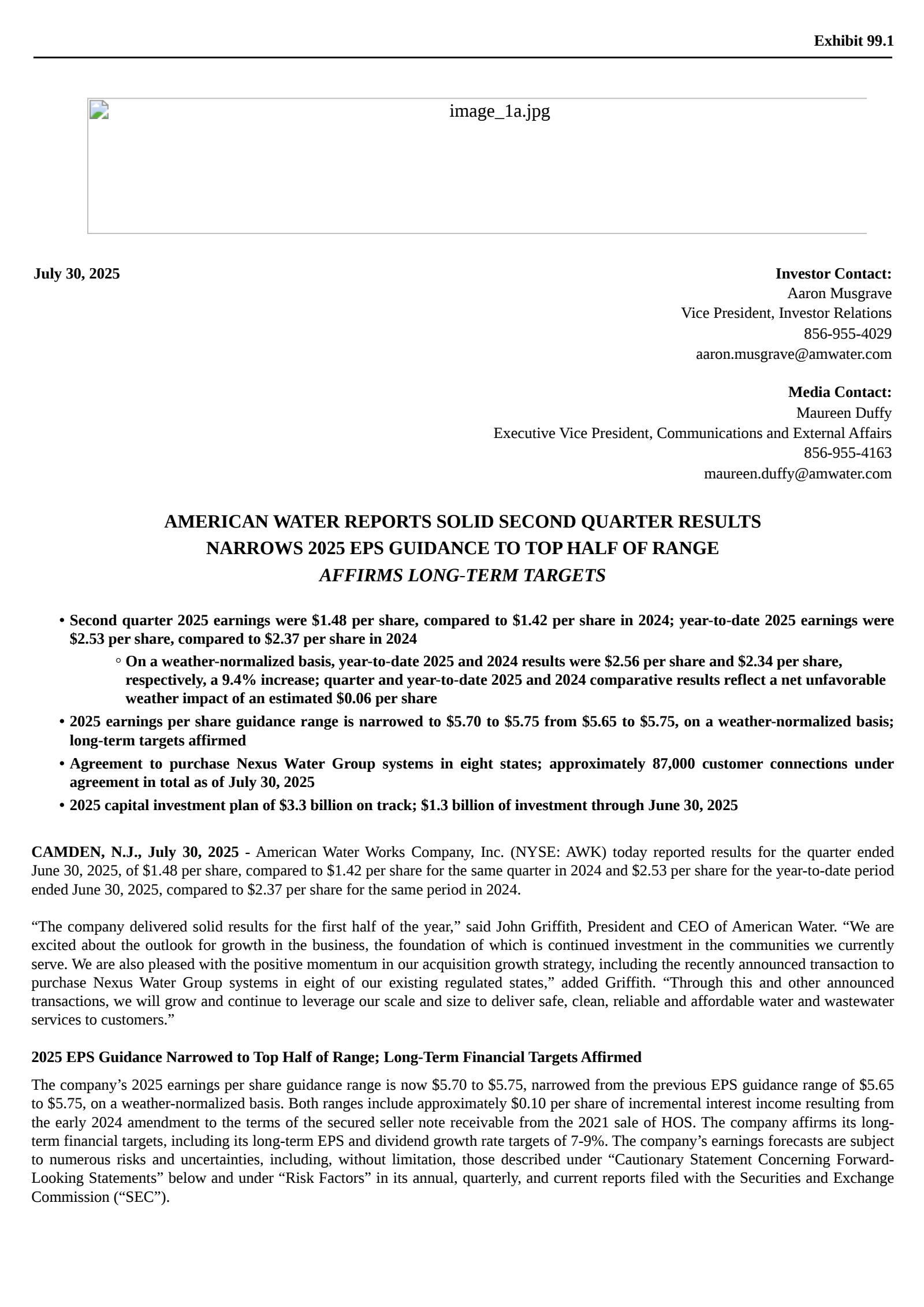 American Water Works' Q2 2025 Press Release