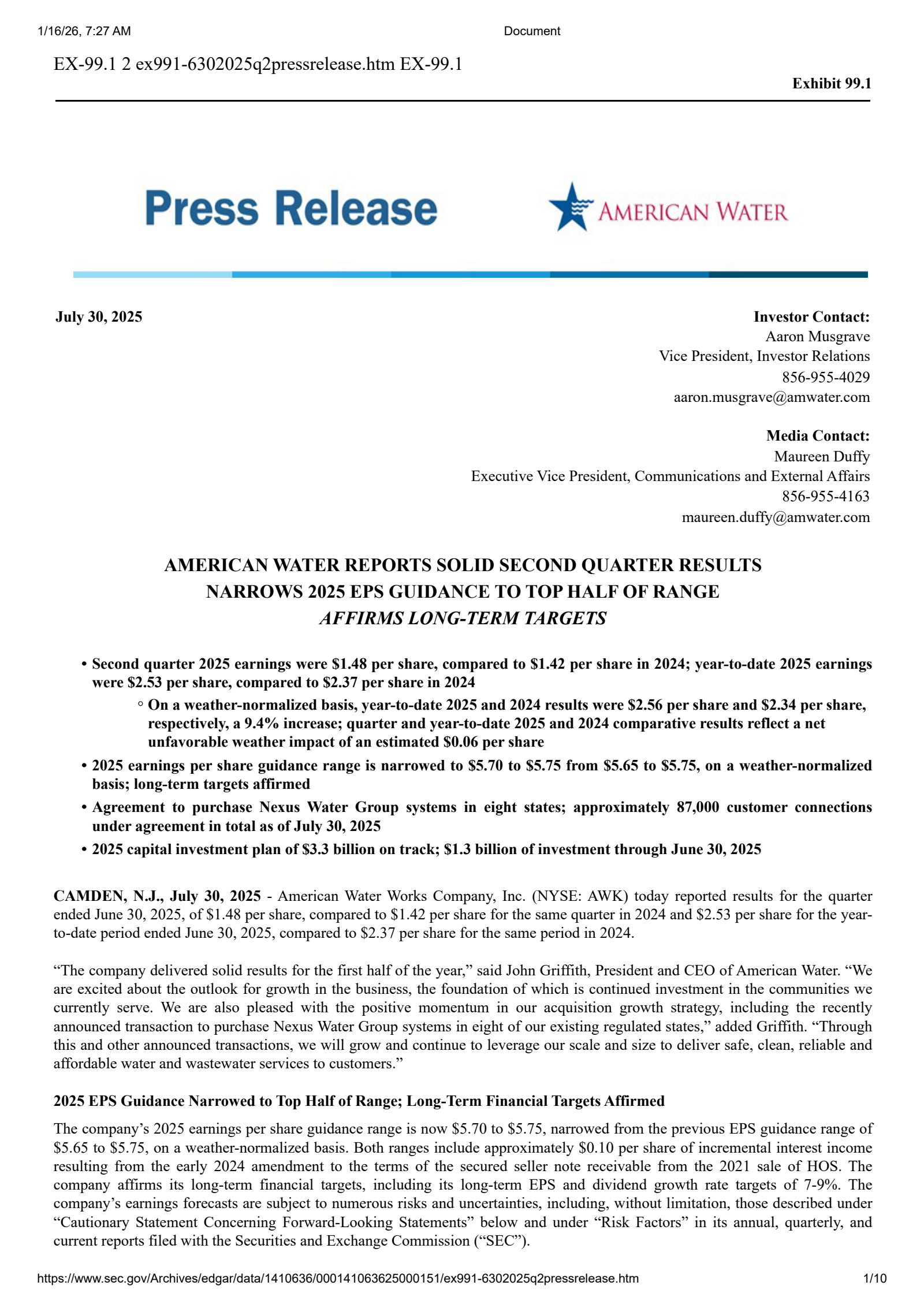 American Water Works' Q2 2025 Press Release