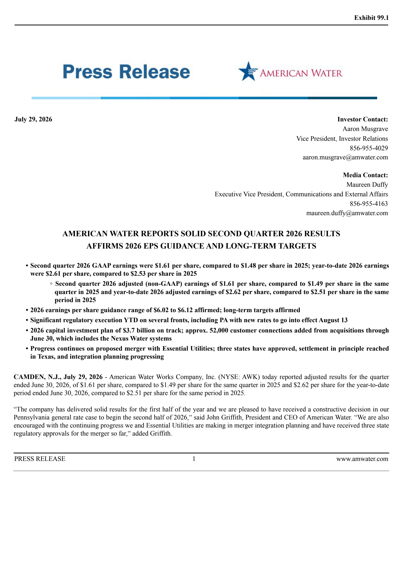 American Water Works' Q2 2026 Press Release