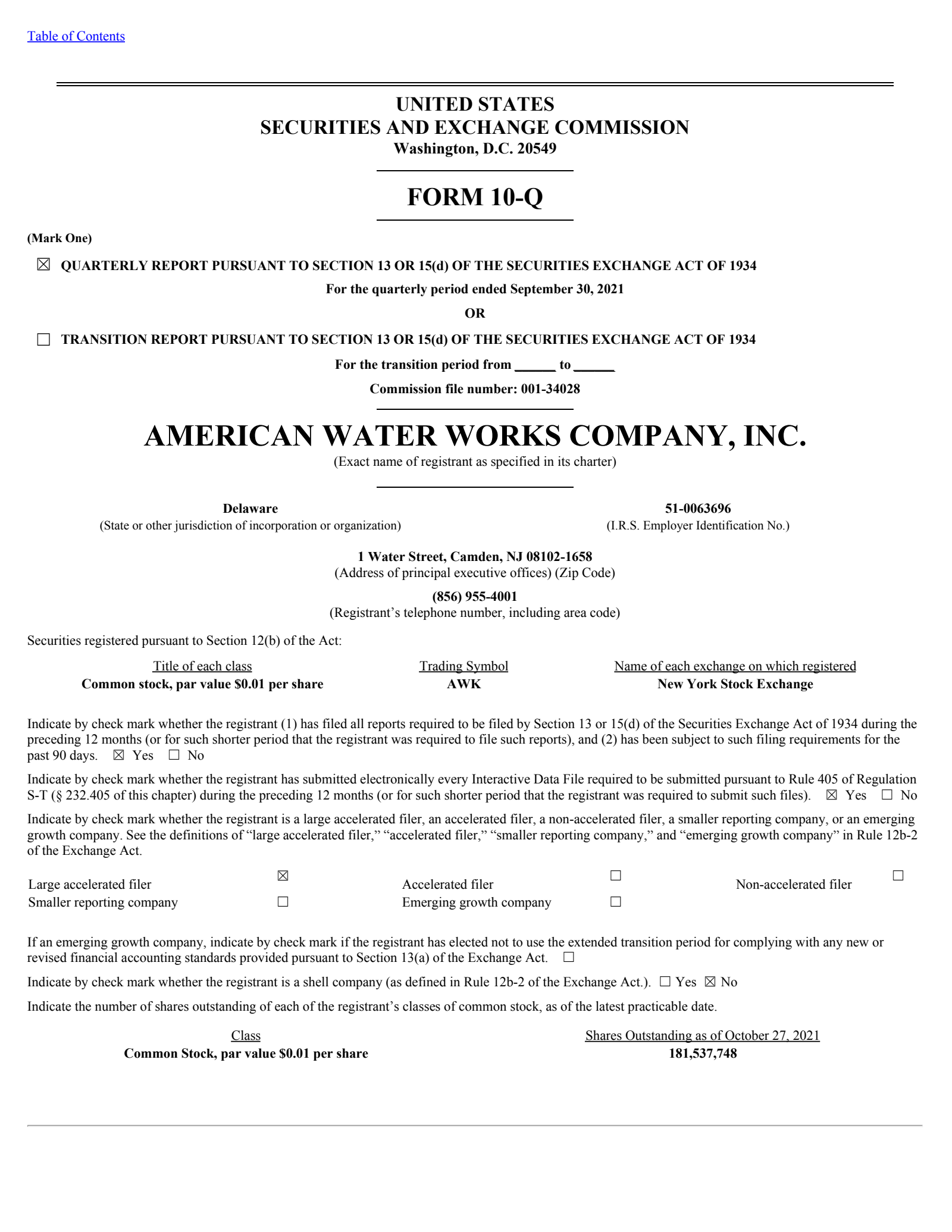 American Water Works' Q3 2021 Quarterly report