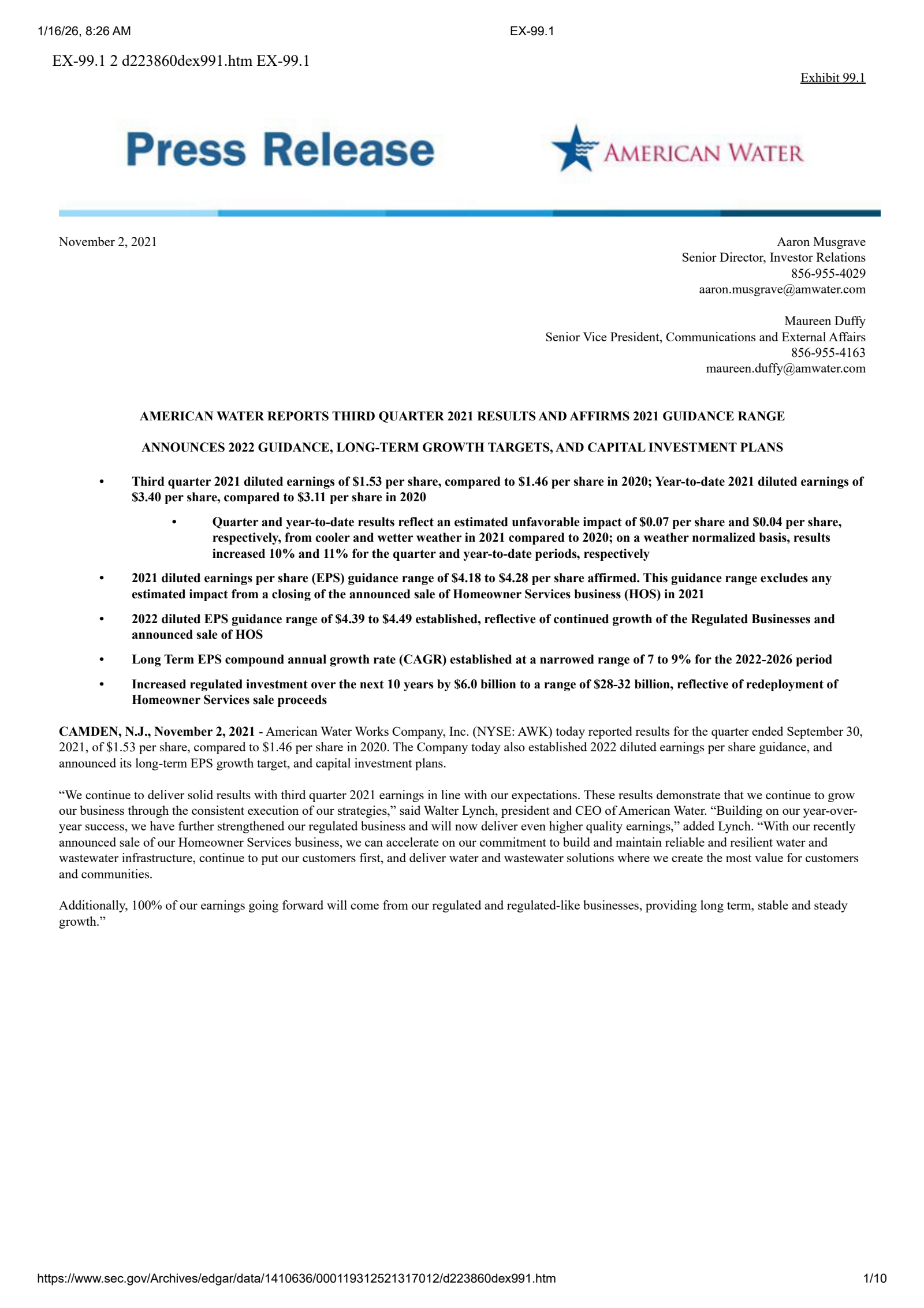 American Water Works' Q3 2021 Press Release