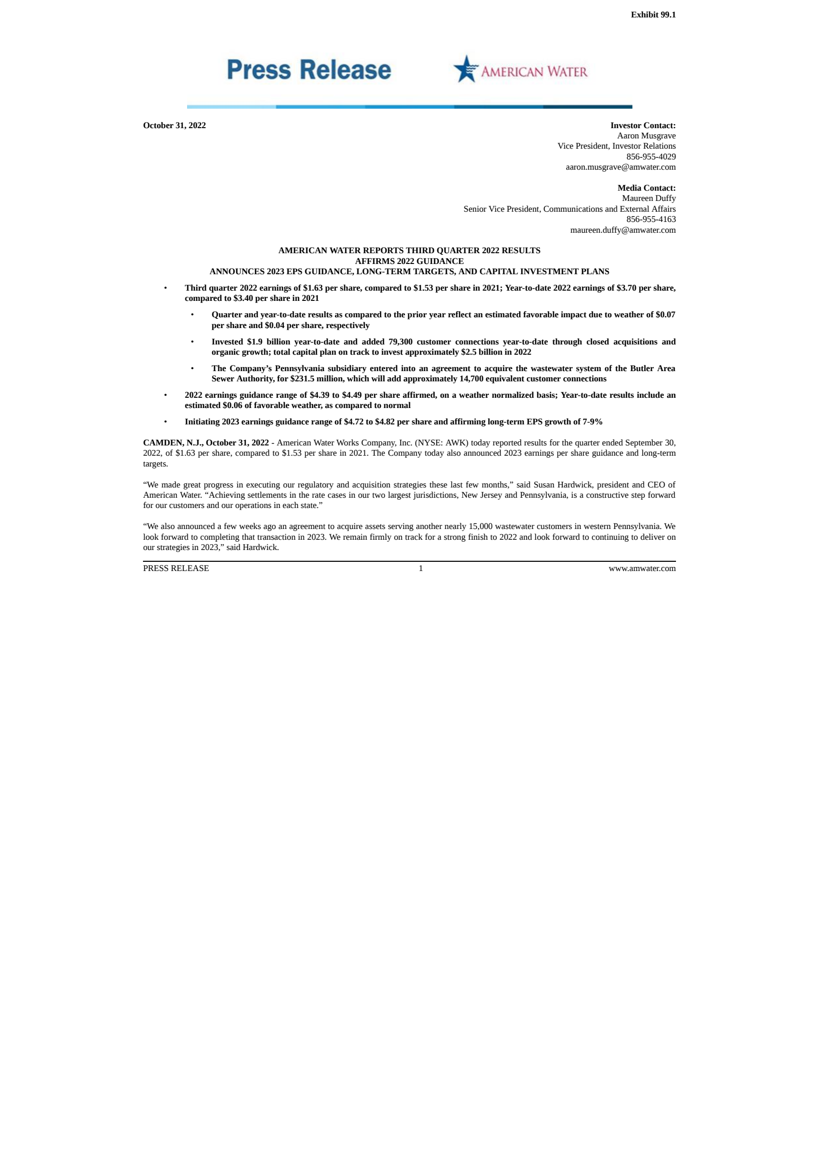 American Water Works' Q3 2022 Earnings Release