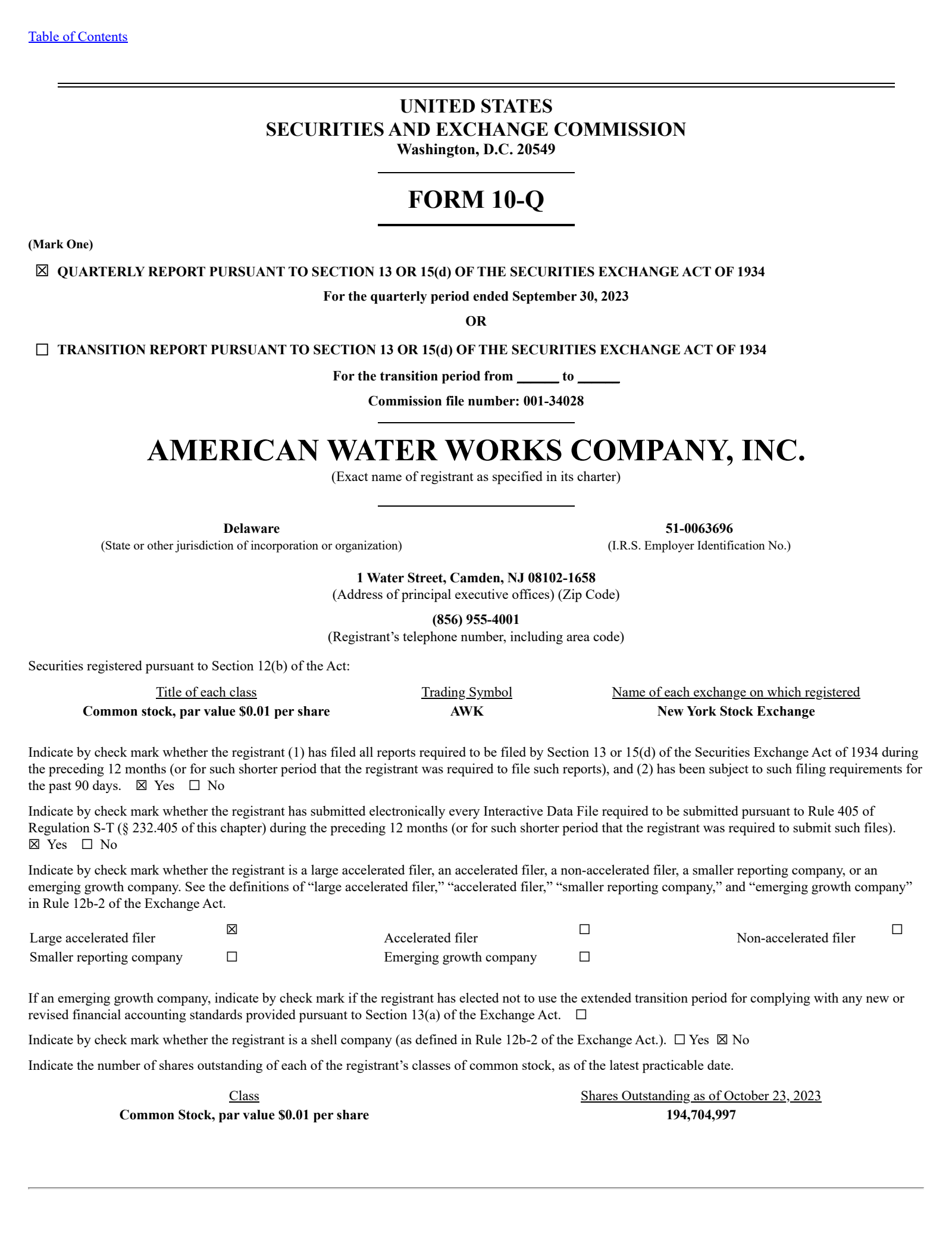 American Water Works' Q3 2023 Quarterly report