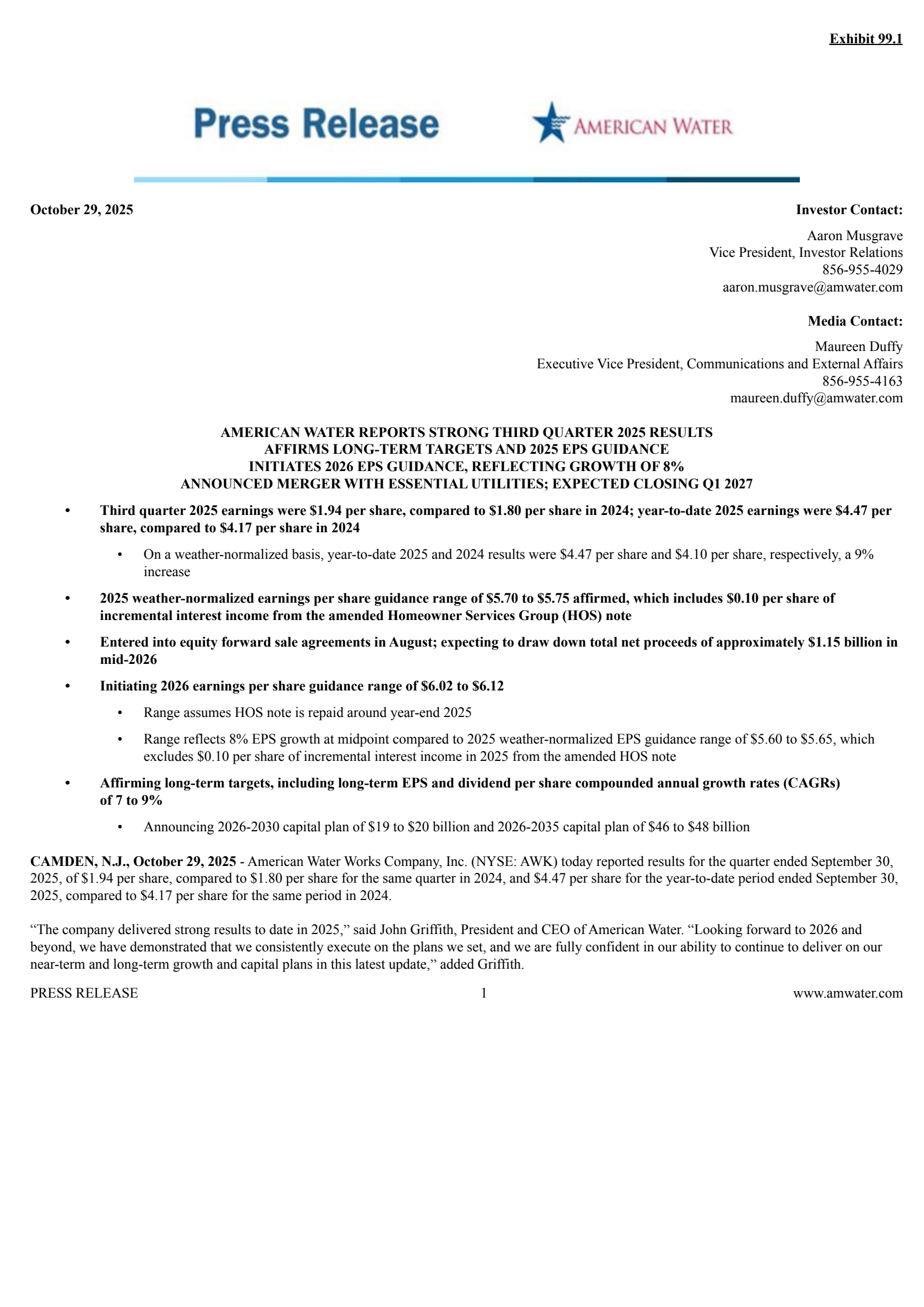 American Water Works' Q3 2025 Earnings Release