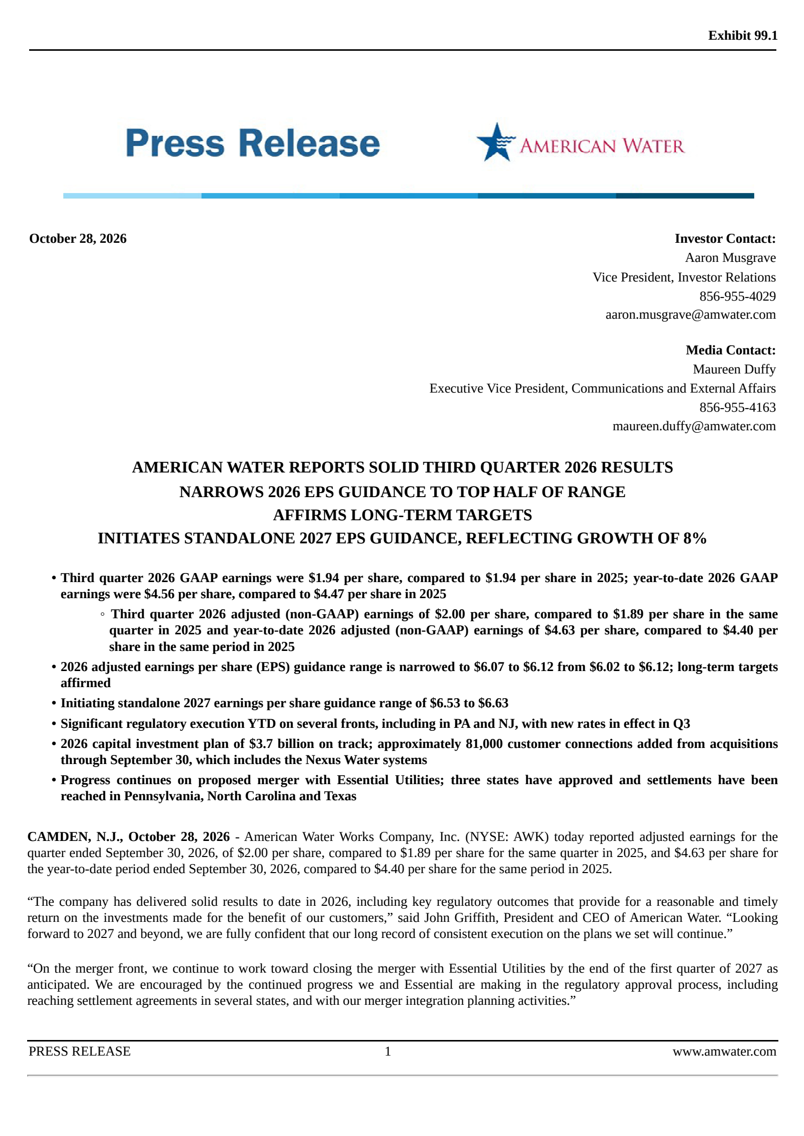American Water Works' Q3 2026 Press Release