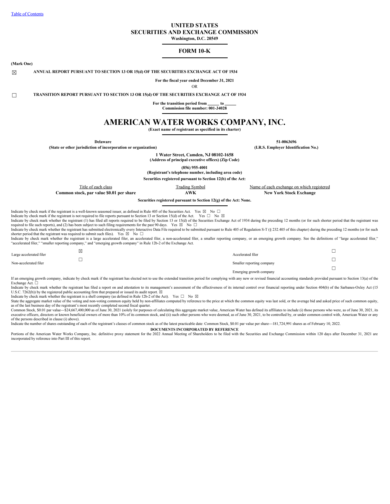 American Water Works' Q4 2021 Annual report