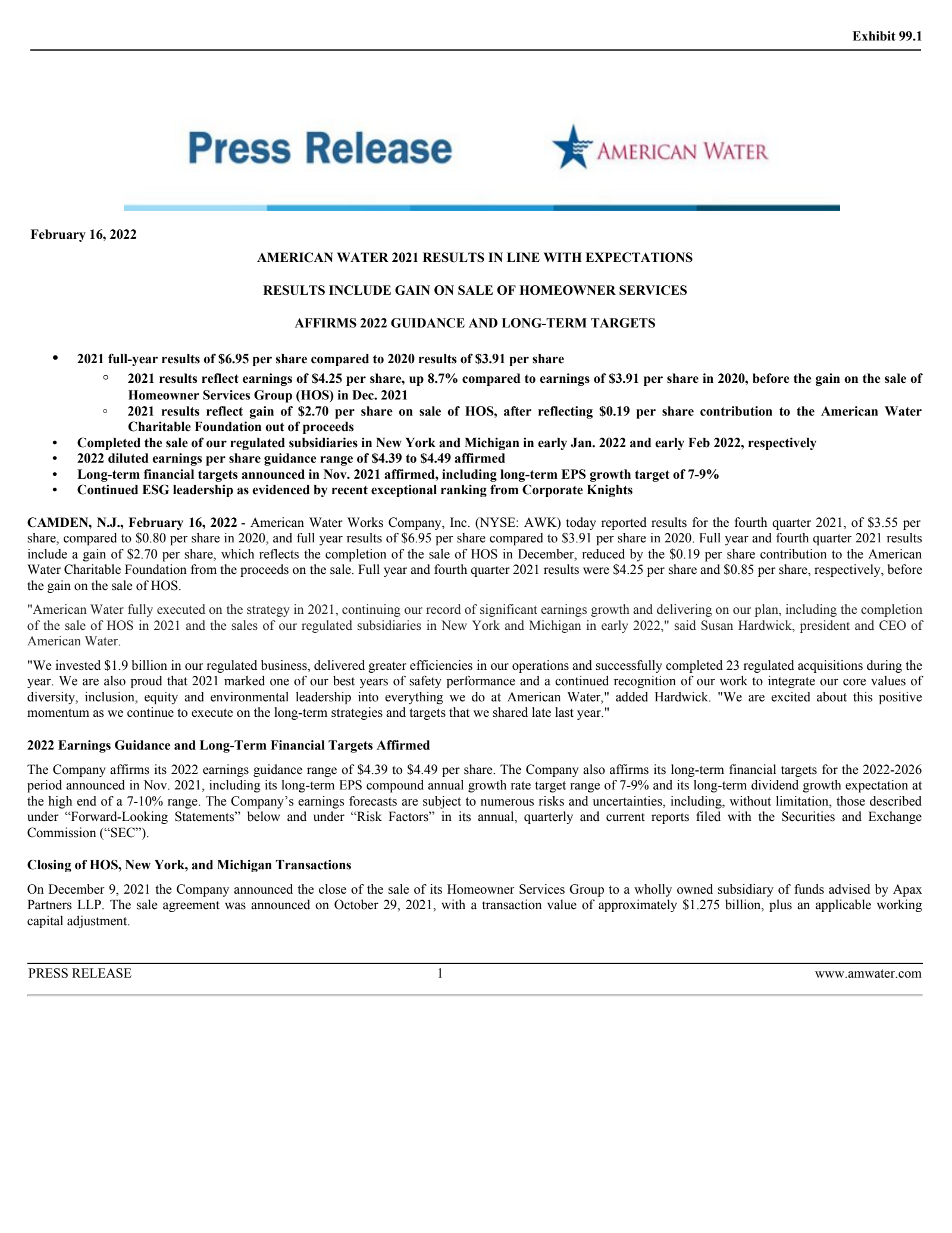 American Water Works' Q4 2021 Press Release