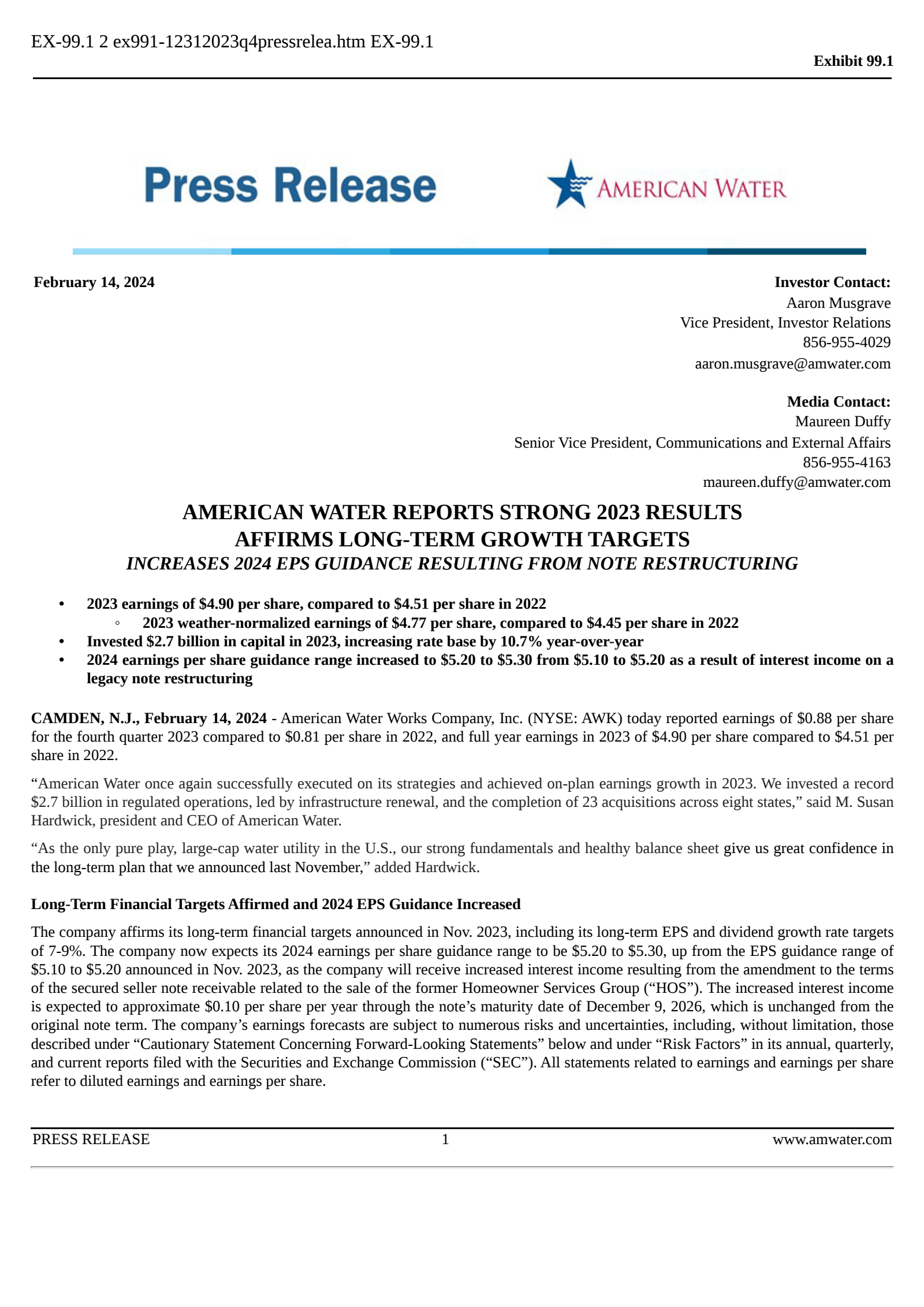 American Water Works' Q4 2023 Press Release