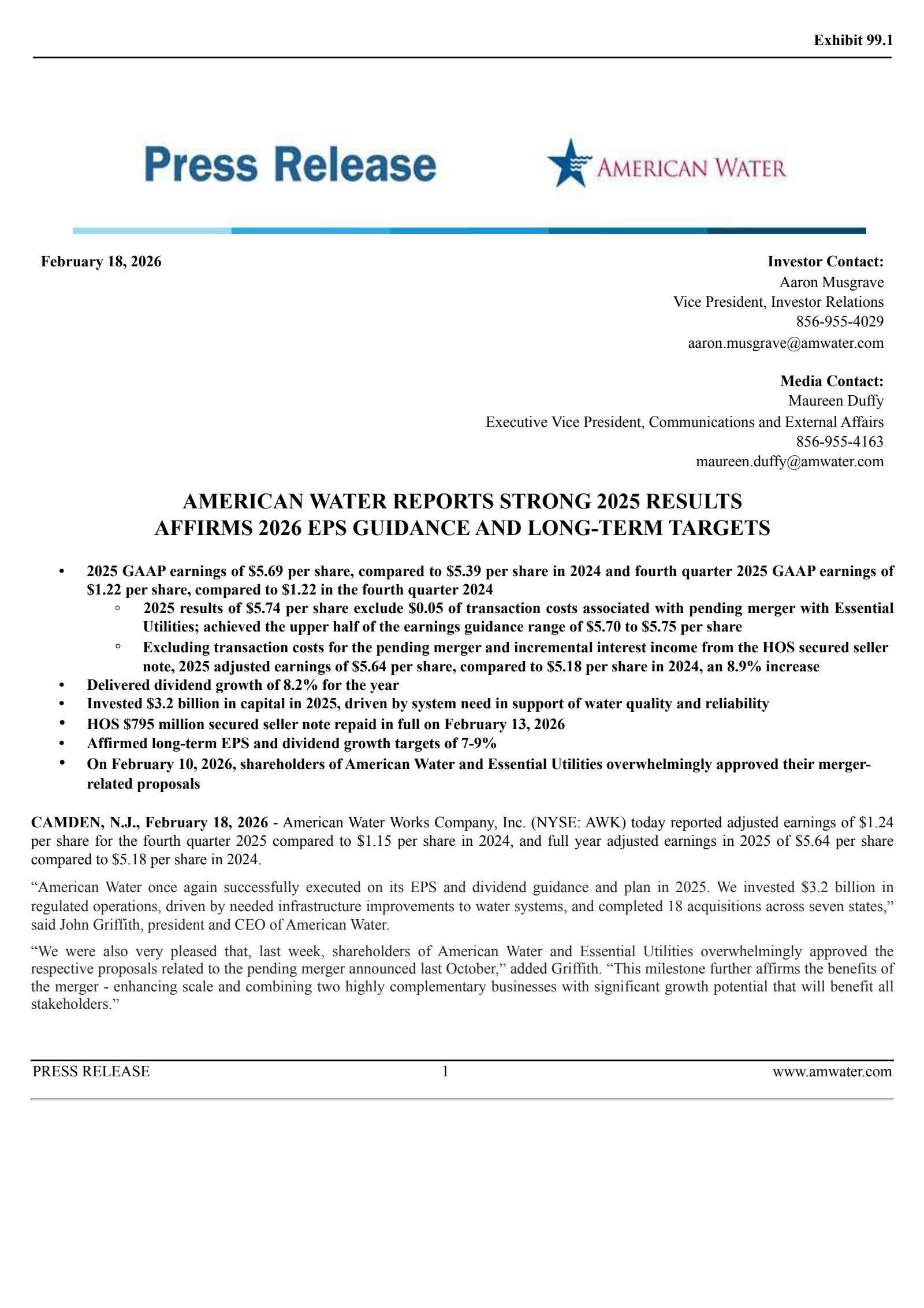 American Water Works' Q4 2025 Press Release
