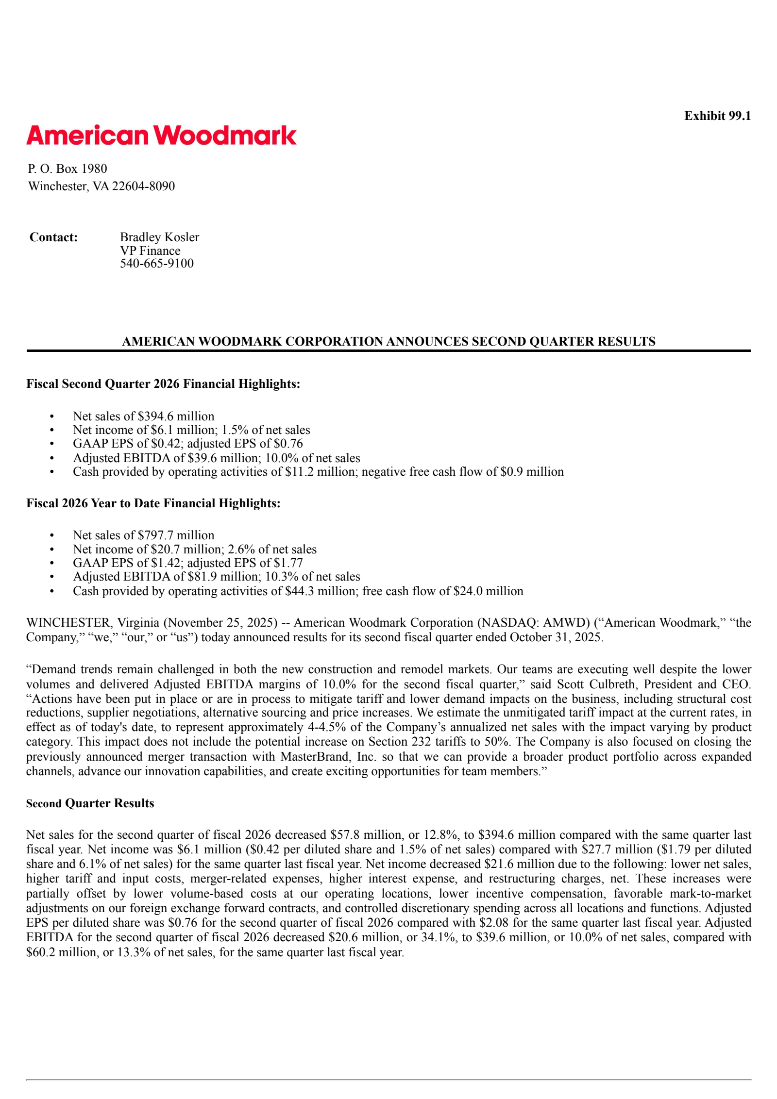 American Woodmark's Q2 2026 Earnings Release