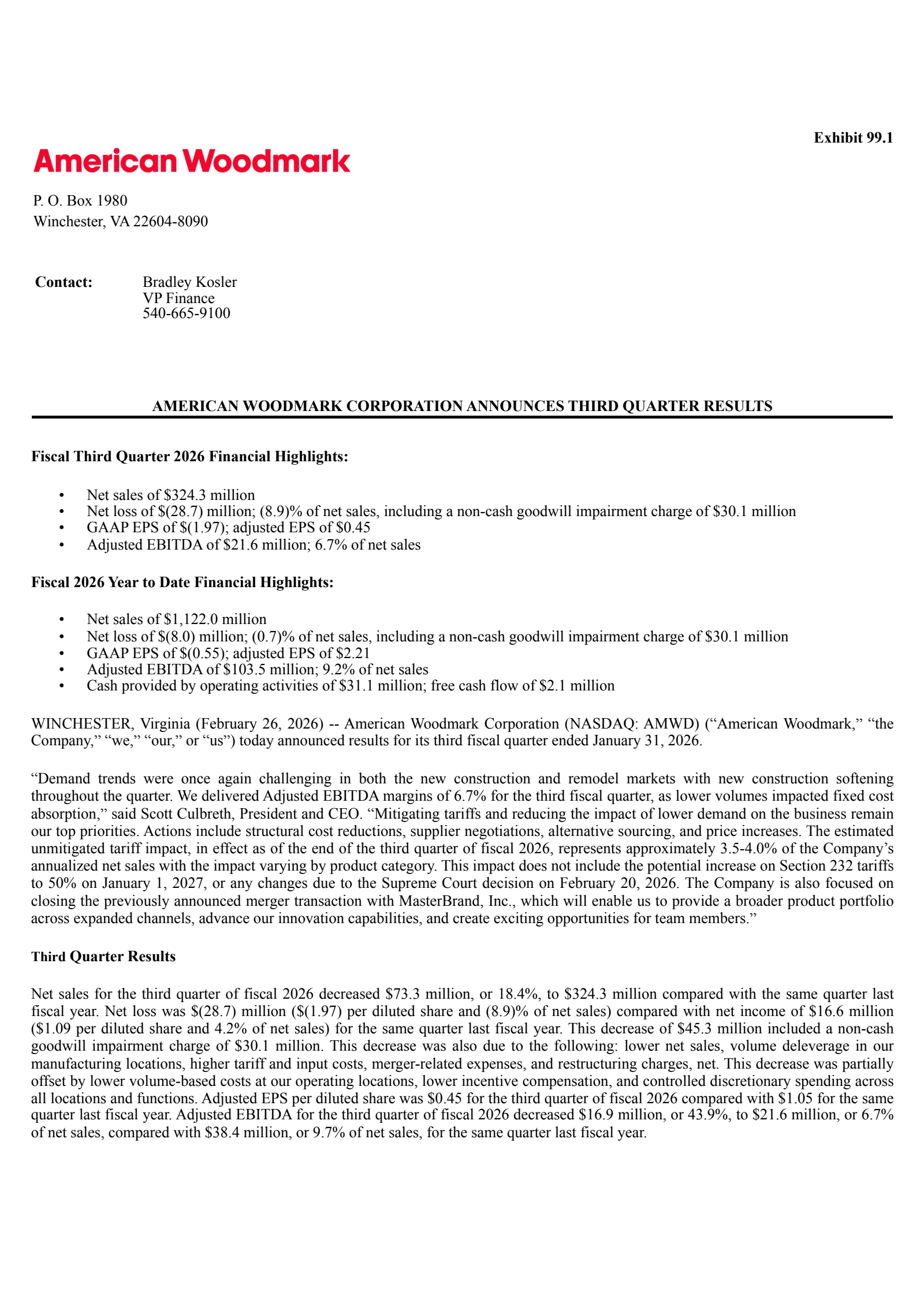 American Woodmark's Q3 2026 Press Release