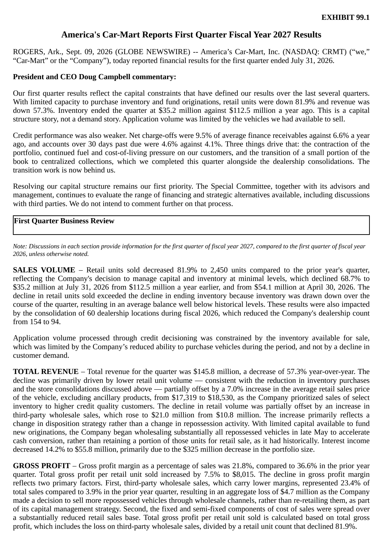 America's Car-Mart's Q1 2027 Press Release
