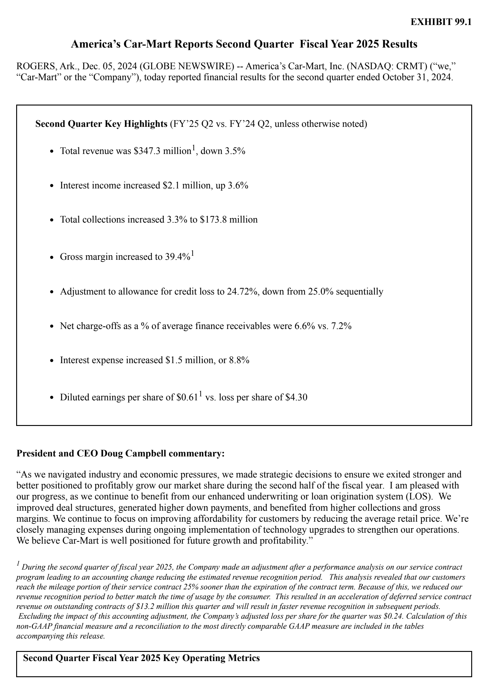 America's Car-Mart's Q2 2025 Press Release