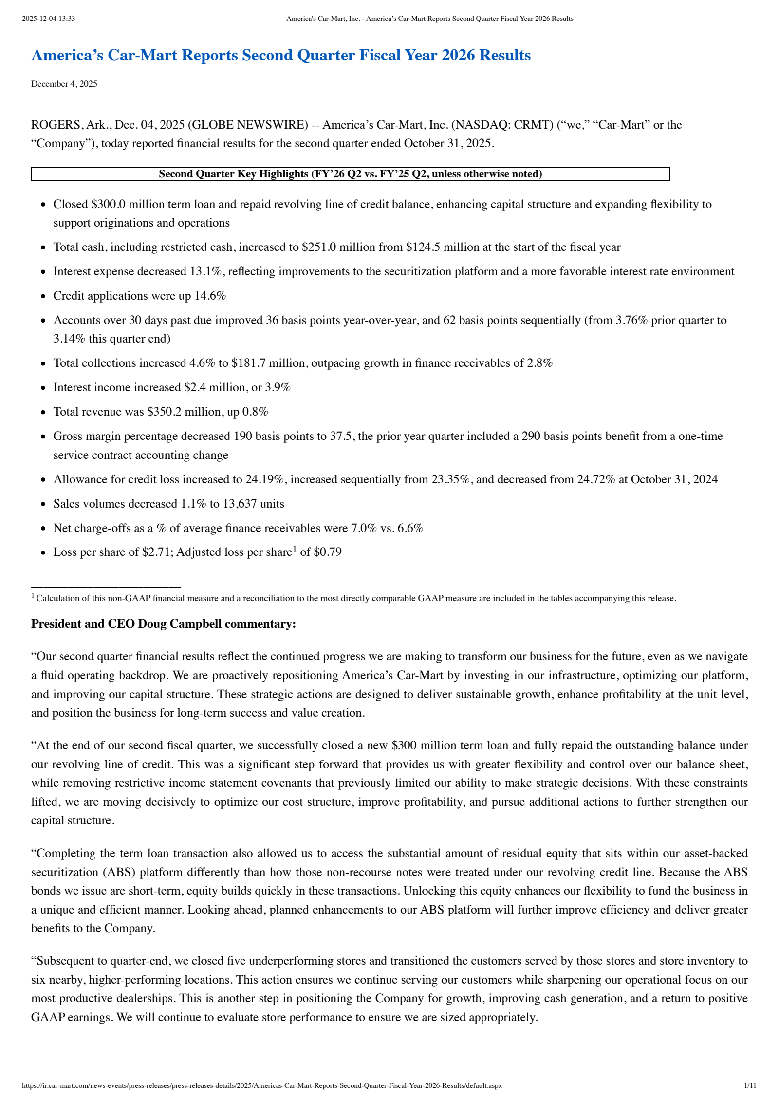 America's Car-Mart's Q2 2026 Earnings Release