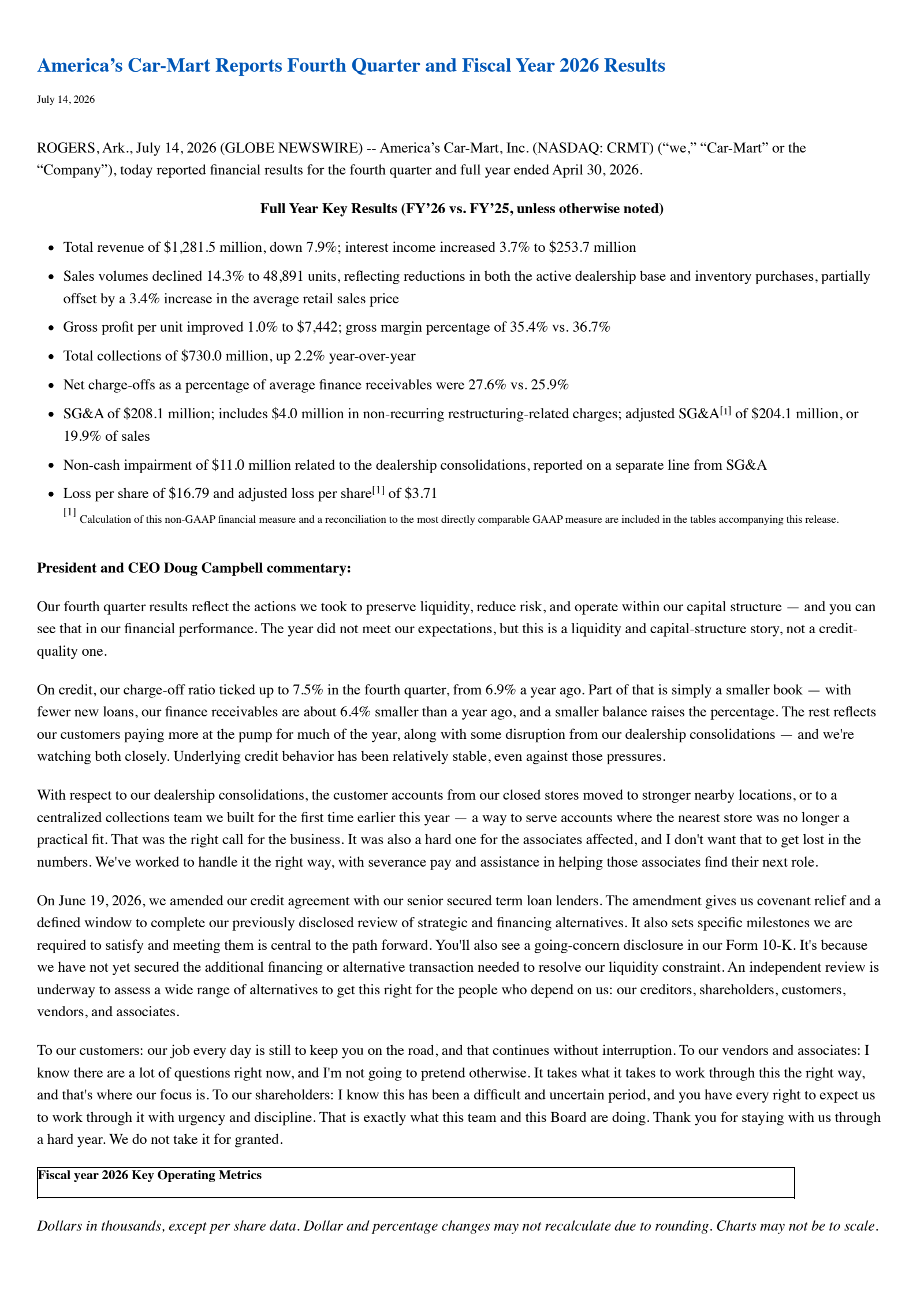 America's Car-Mart's Q4 2026 Press Release
