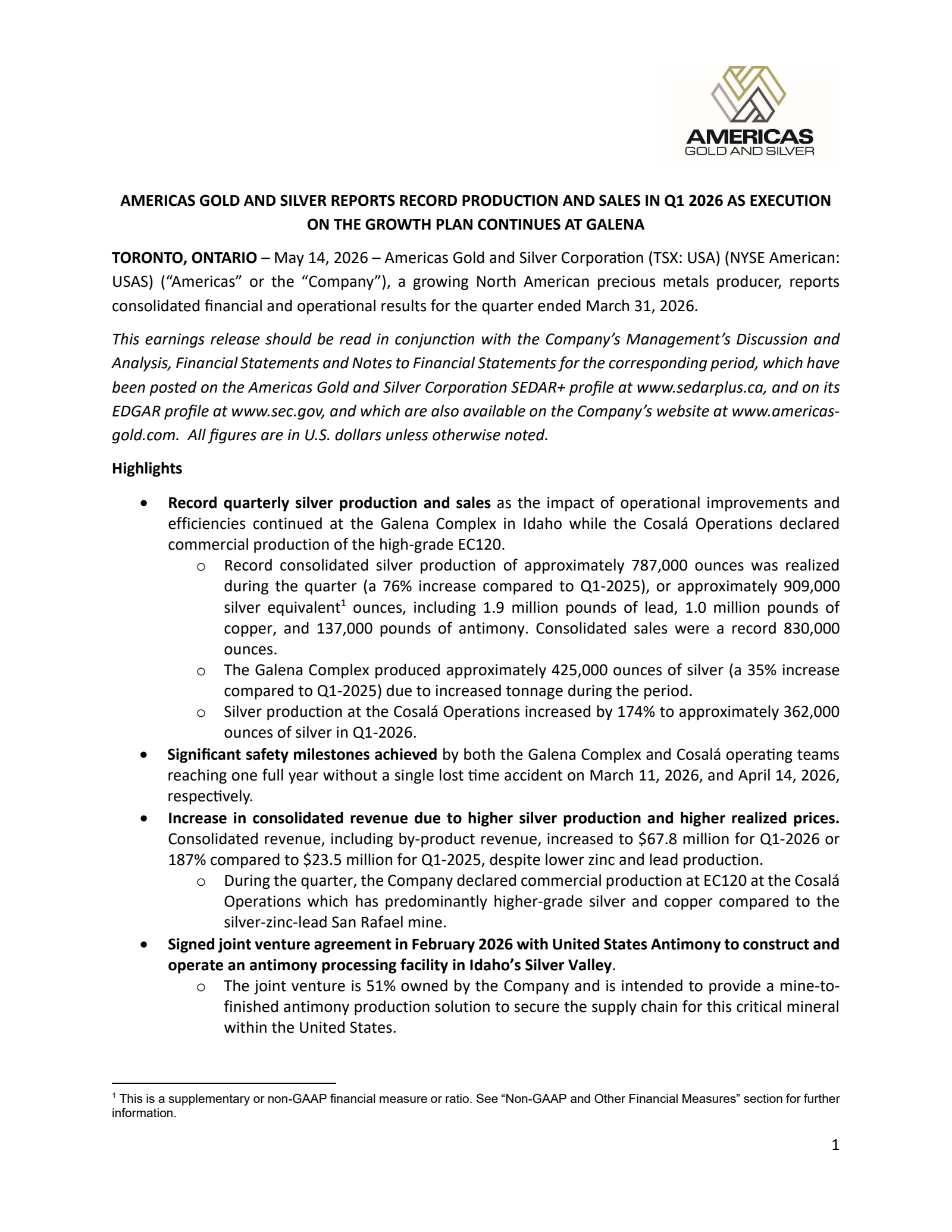 Americas Gold and Silver's Q1 2026 Press Release