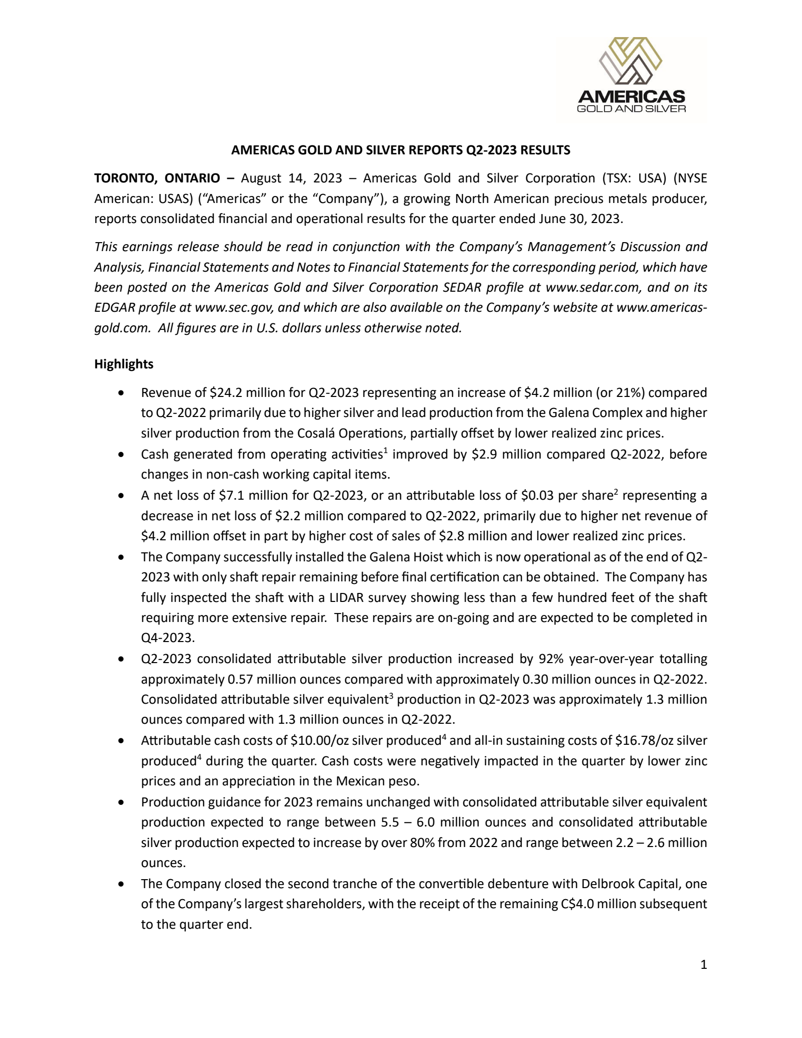 Americas Silver's Q2 2023 Interim report