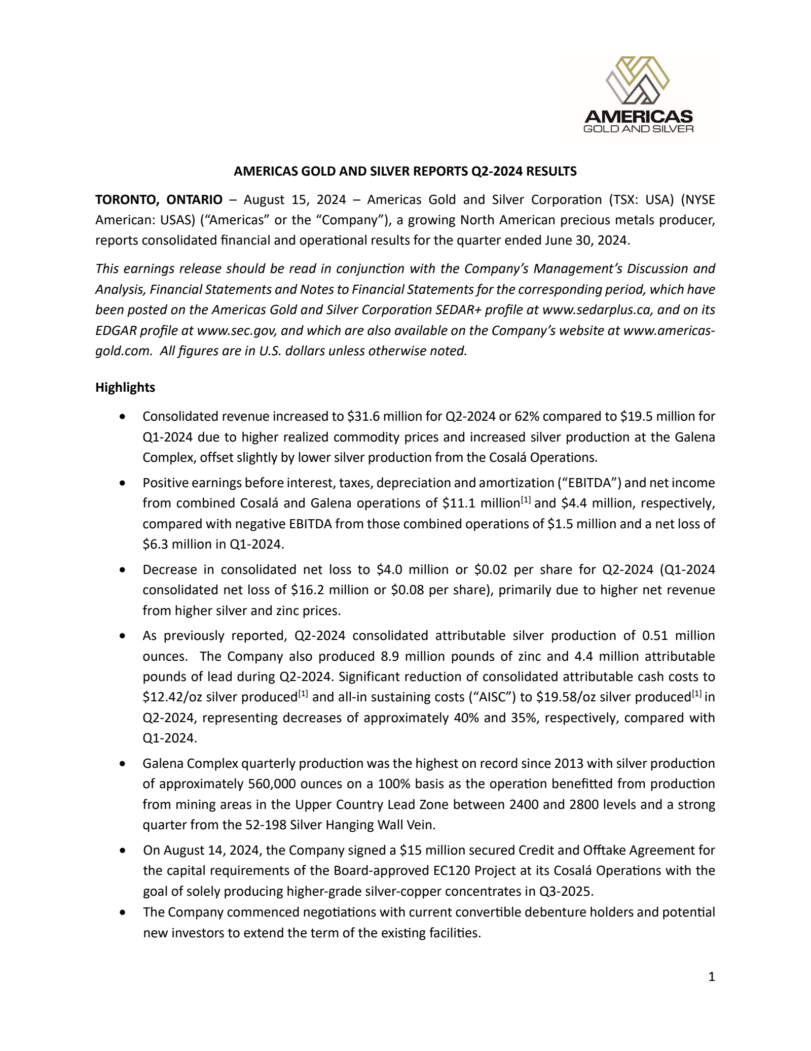 Americas Gold and Silver's Q2 2024 Press Release