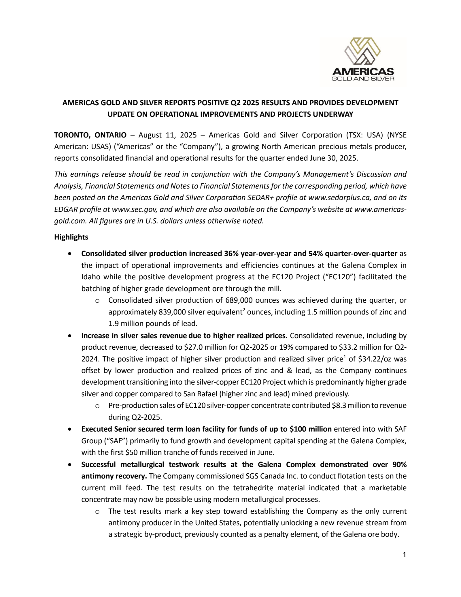 Americas Gold and Silver's Q2 2025 Press Release