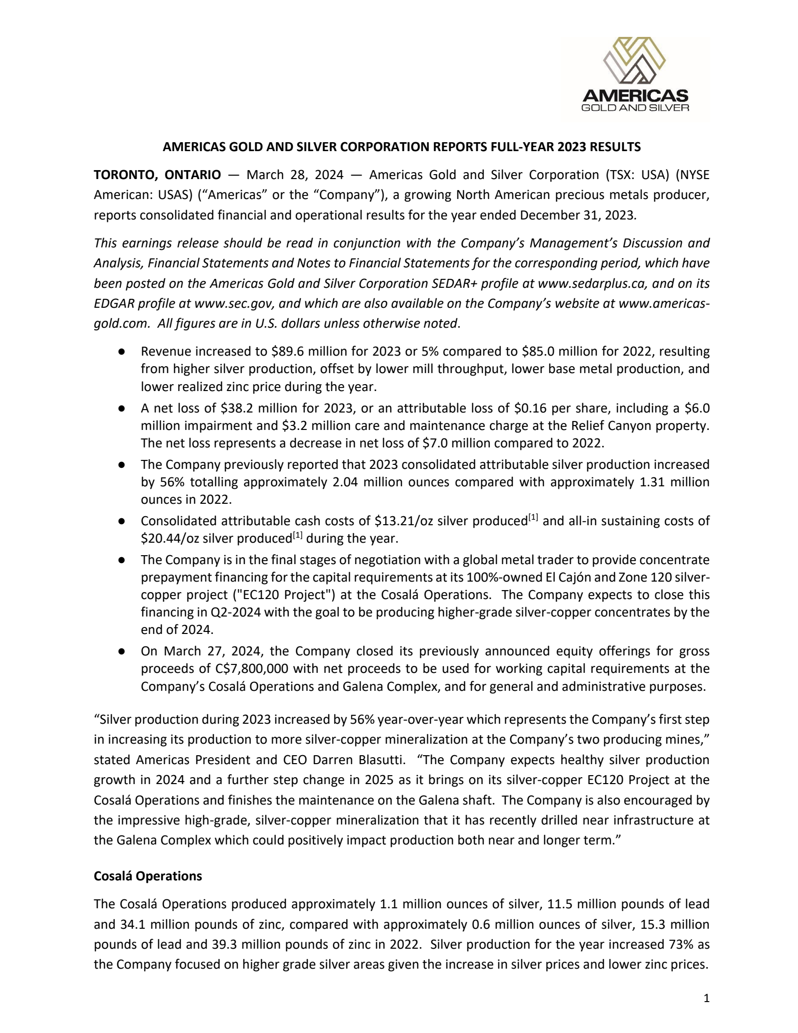 Americas Silver's Q4 2023 Interim report