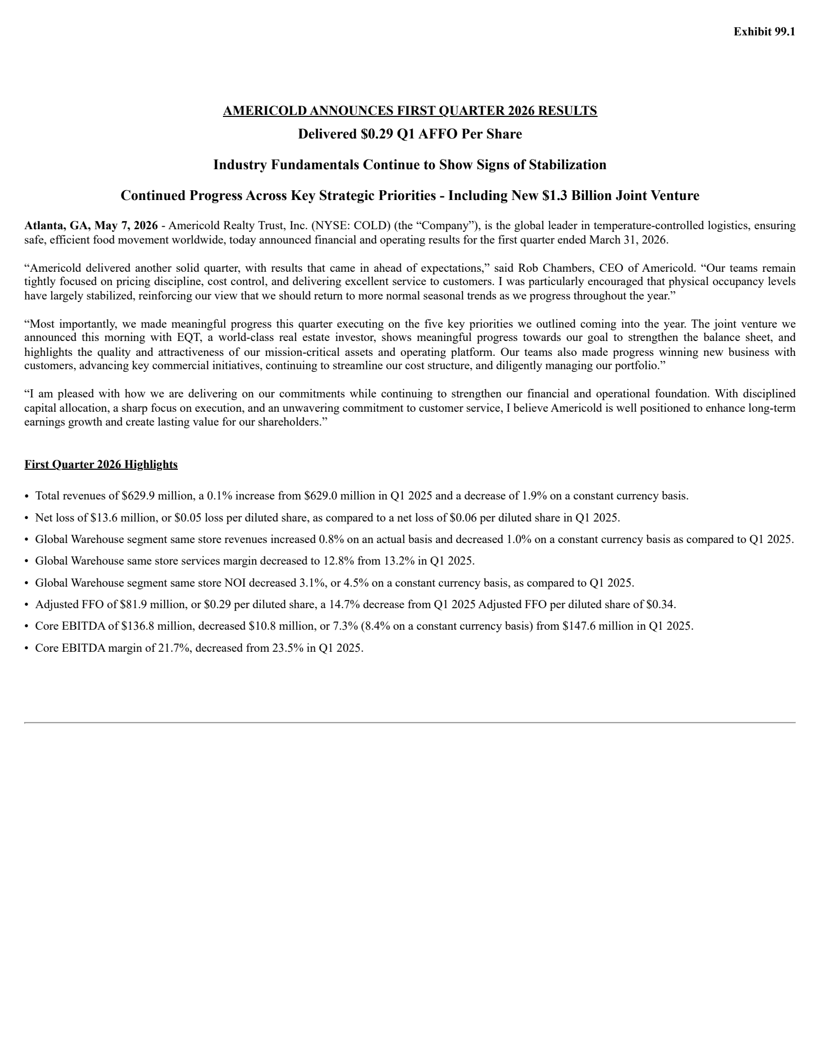 Americold Realty Trust's Q1 2026 Press Release