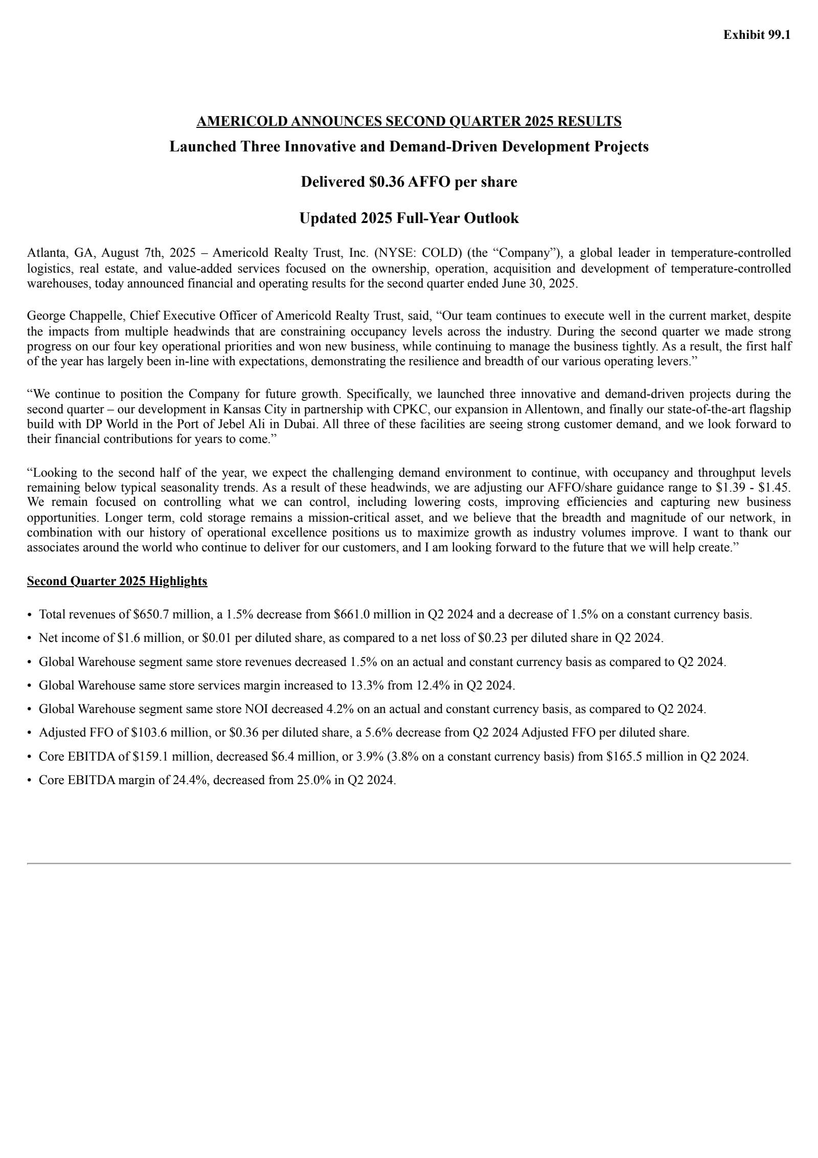 Americold Realty Trust's Q2 2025 Press Release