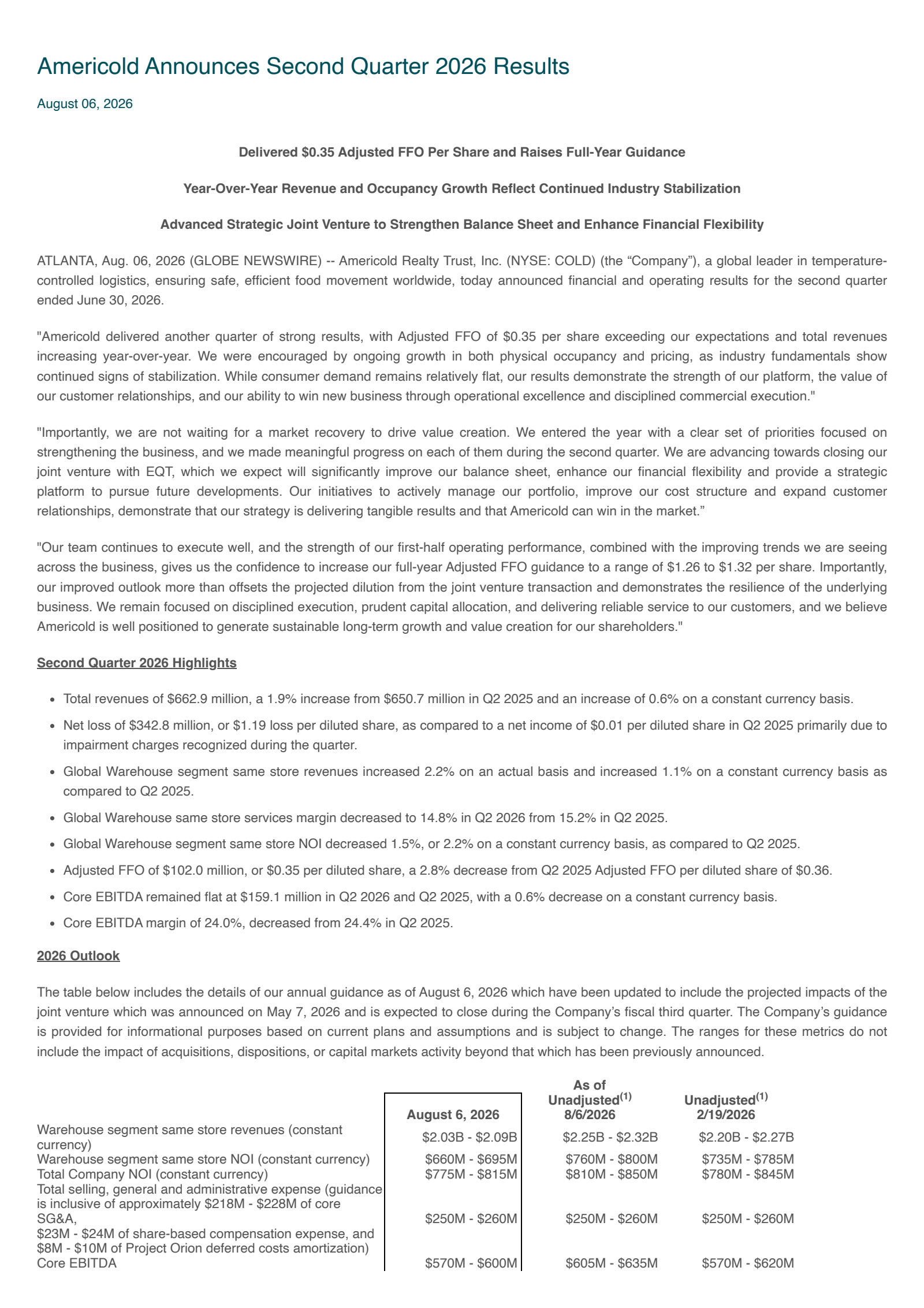 Americold Realty Trust's Q2 2026 Press Release