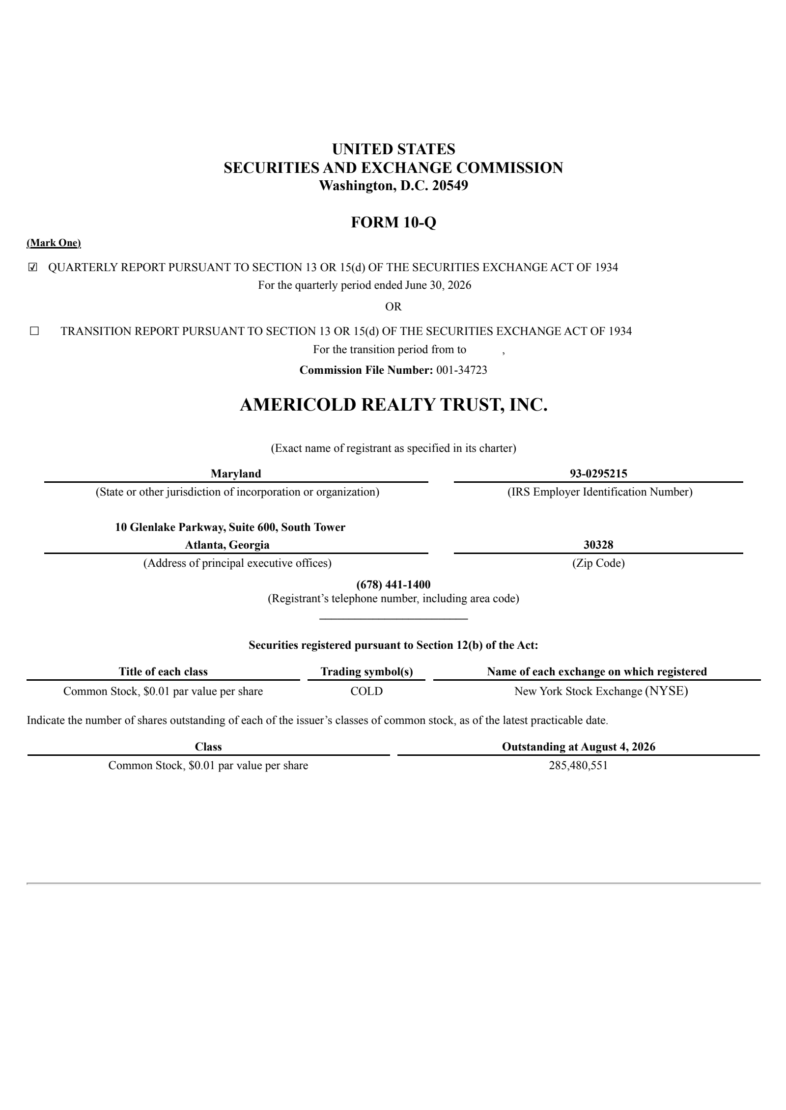 Americold Realty Trust's Q2 2026 Quarterly report