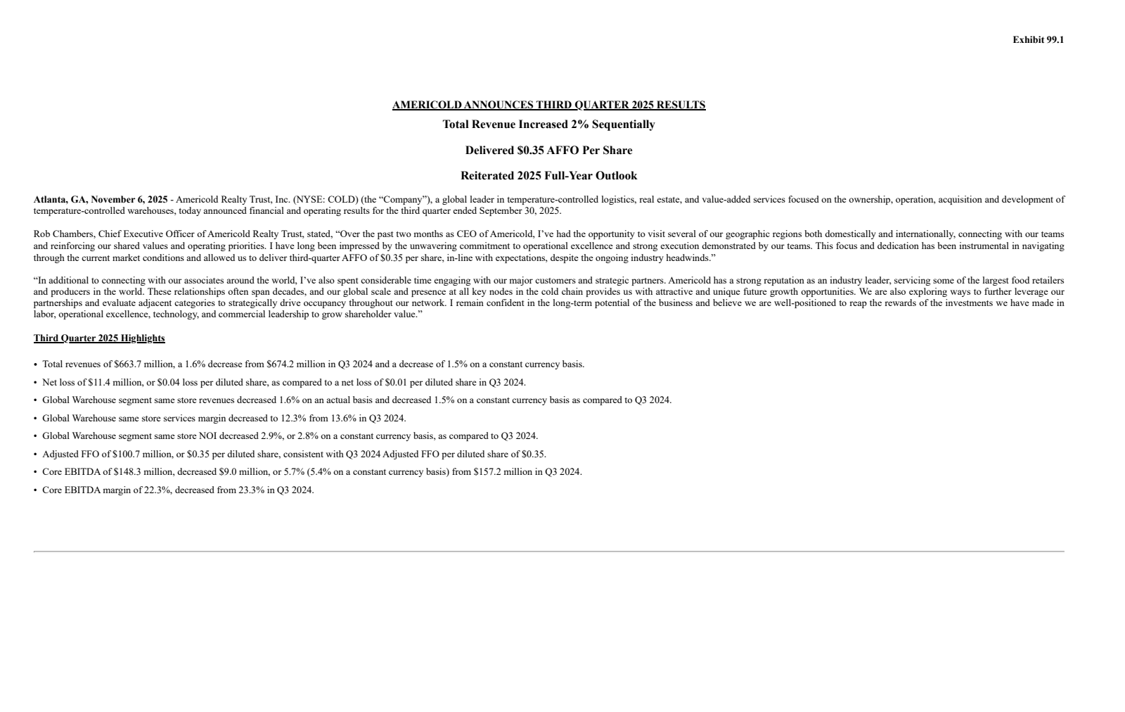 Americold Realty Trust's Q3 2025 Earnings Release
