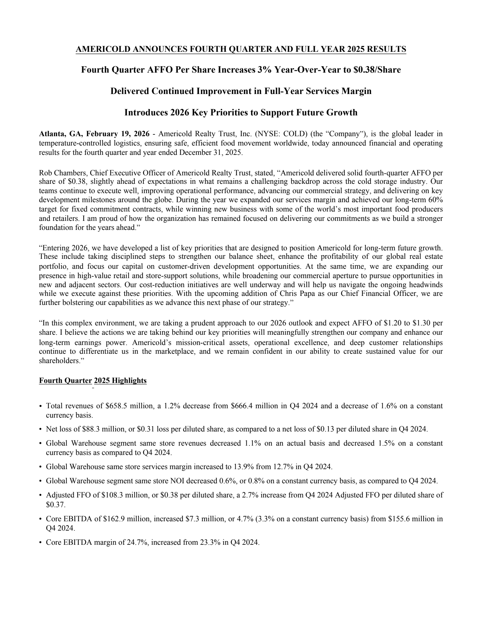 Americold Realty Trust's Q4 2025 Press Release