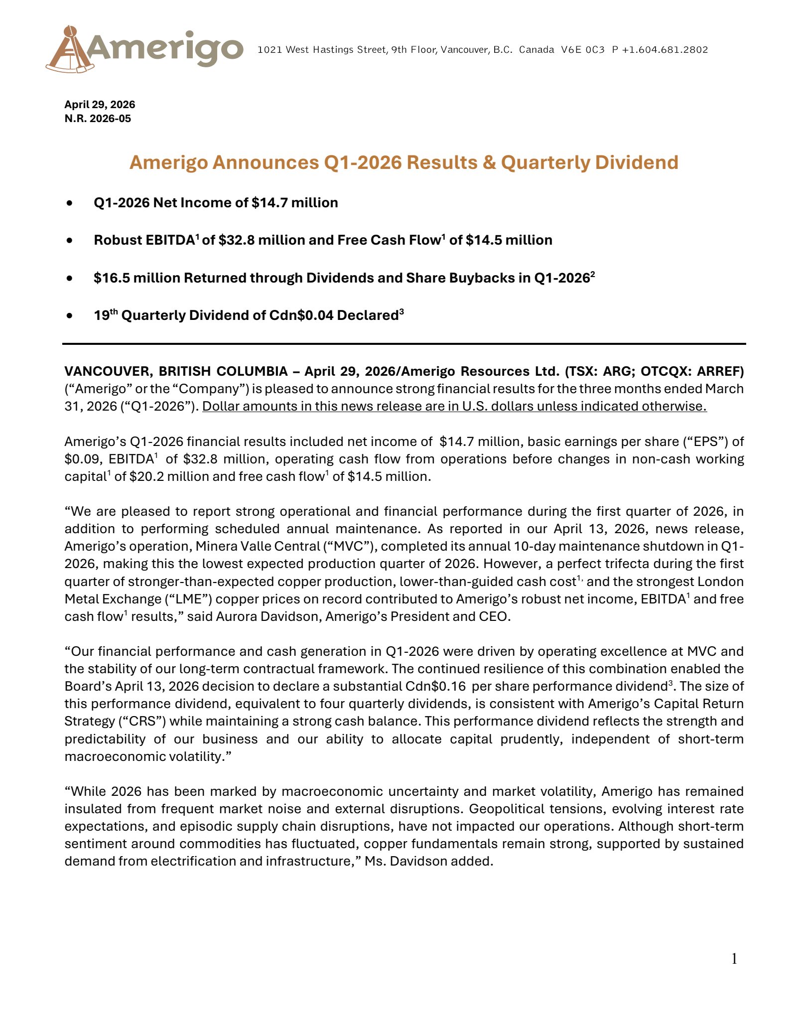 Amerigo Resources' Q1 2026 Press Release