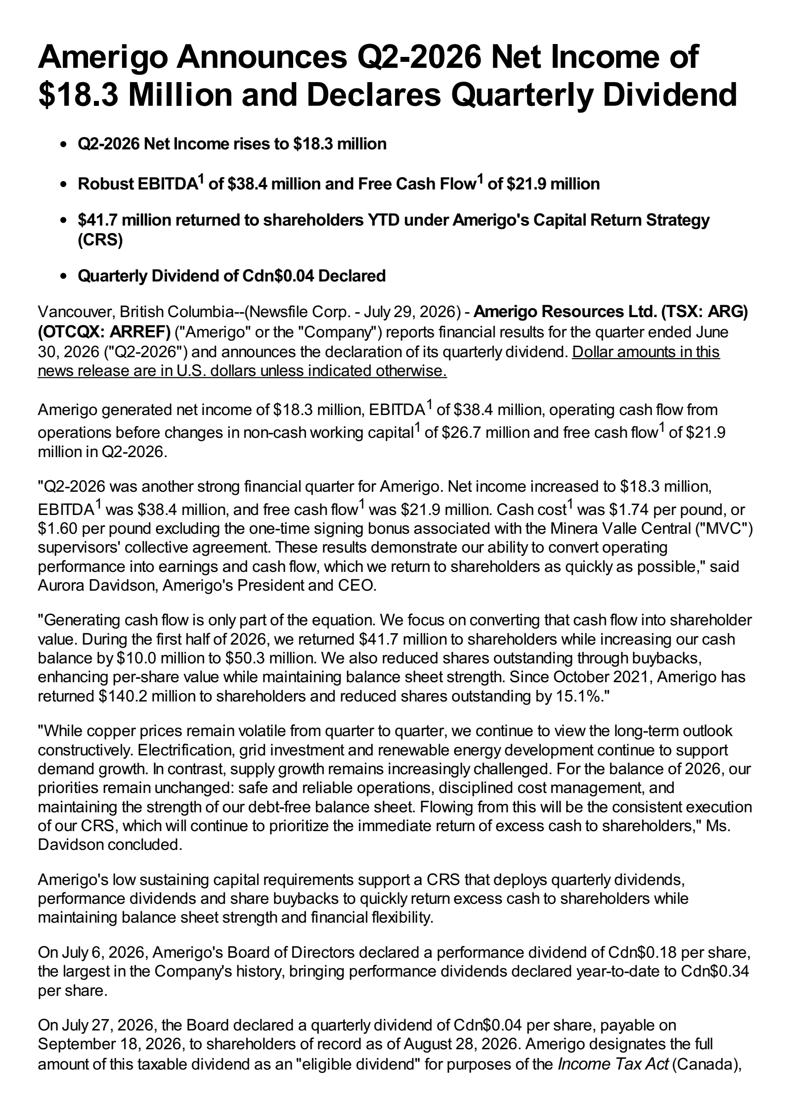 Amerigo Resources' Q2 2026 Press Release