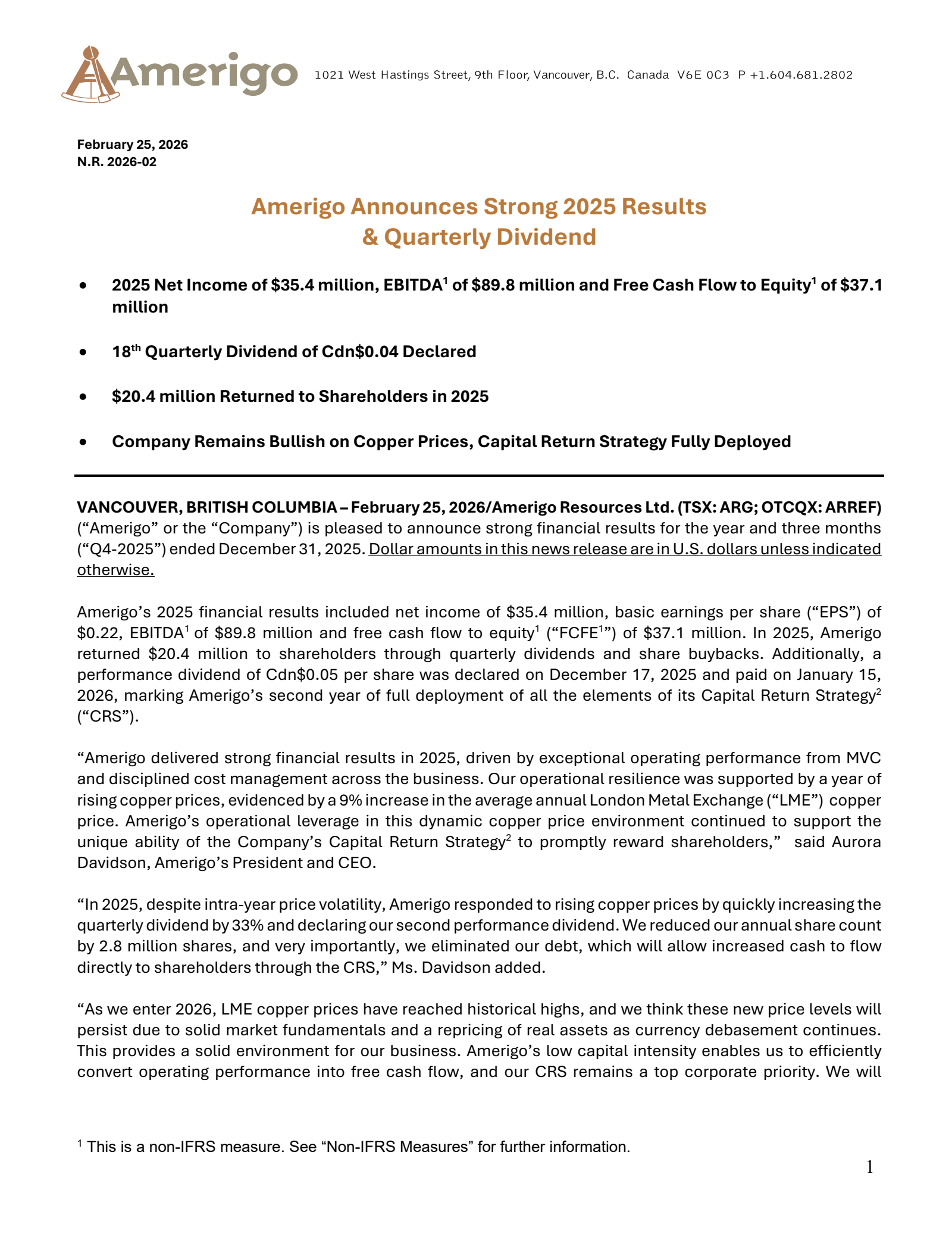 Amerigo Resources' Q4 2025 Press Release
