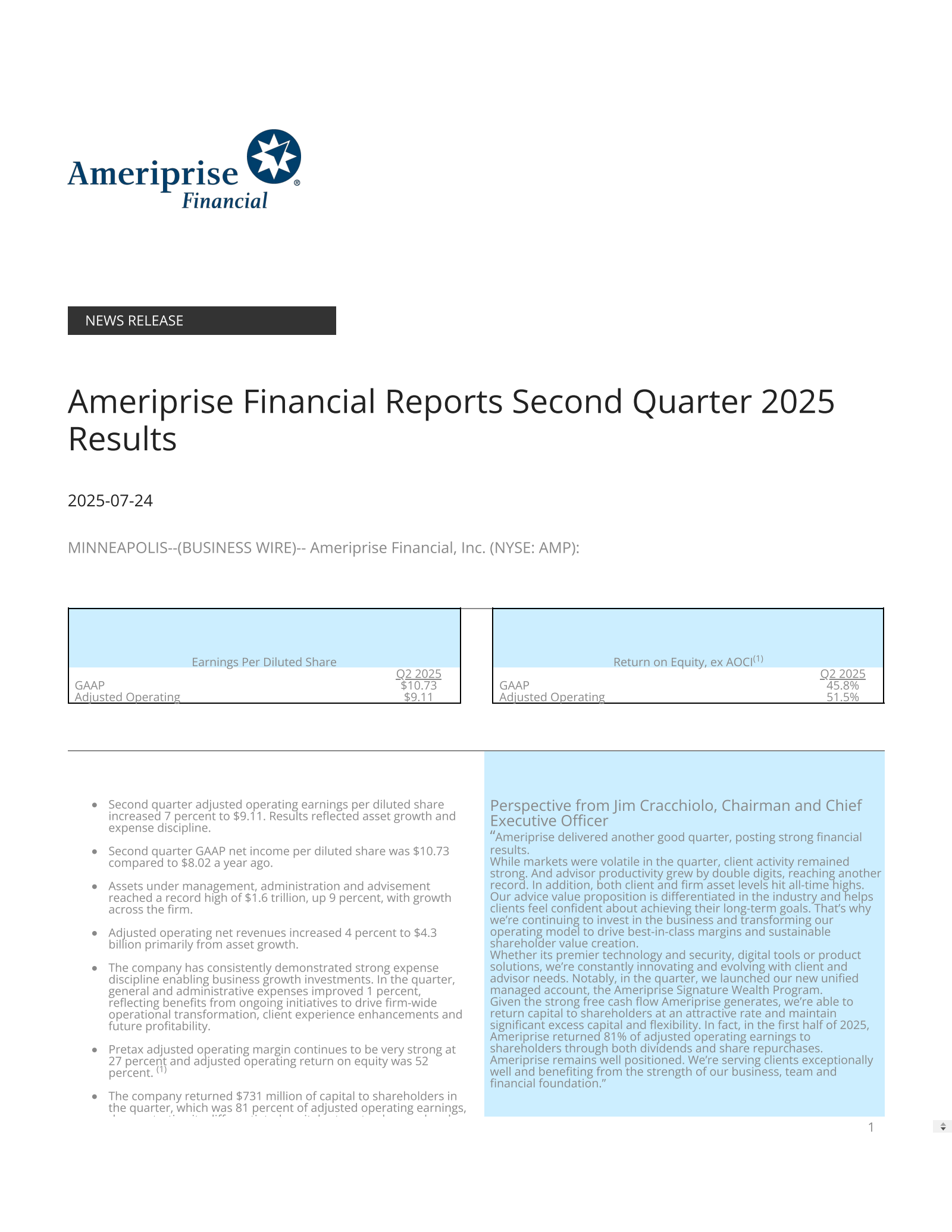 Ameriprise Financial's Q2 2025 Press Release