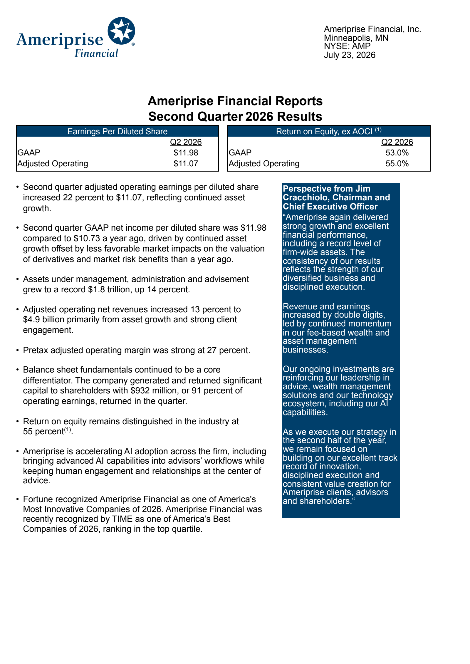 Ameriprise Financial's Q2 2026 Press Release