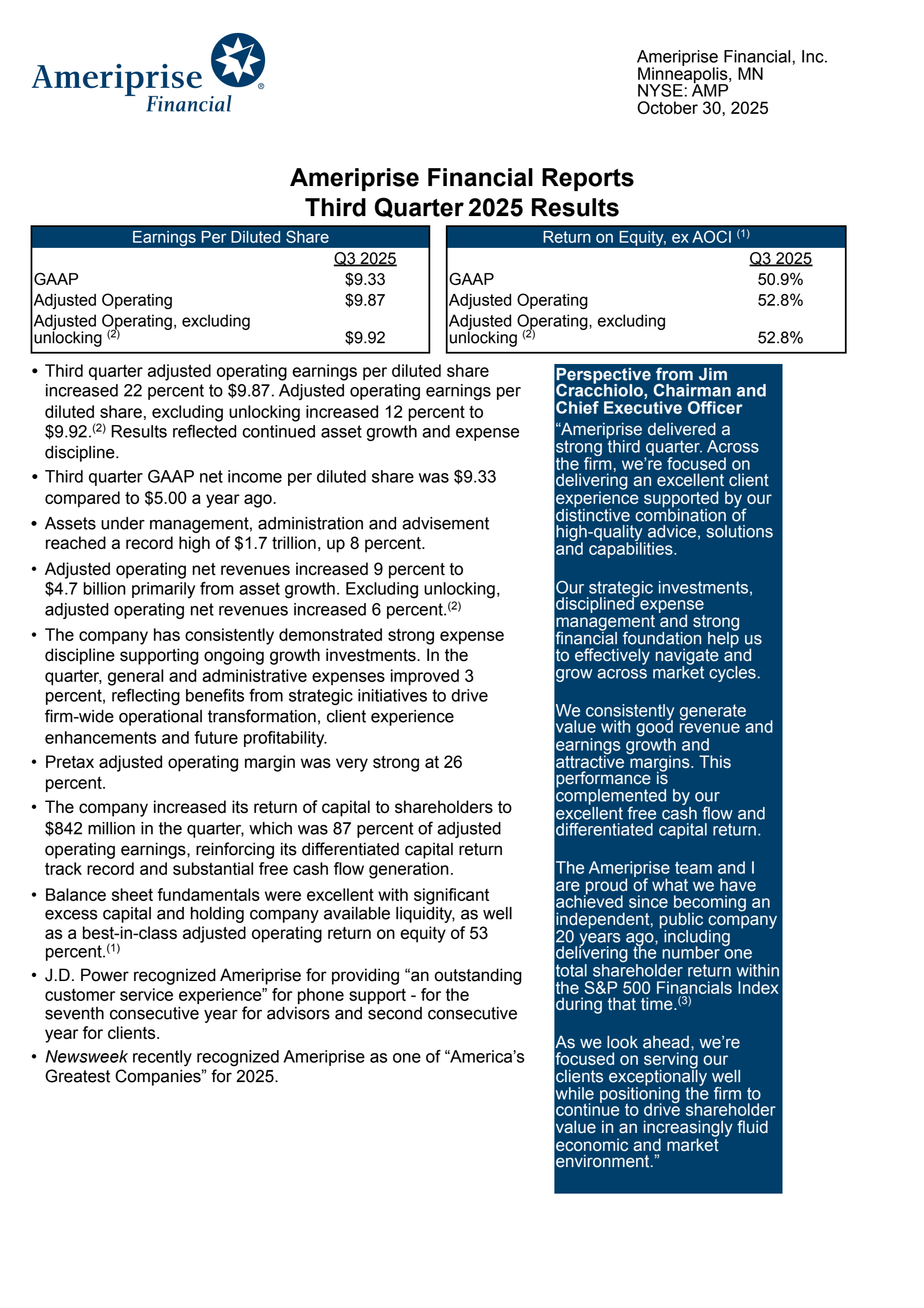 Ameriprise Financial's Q3 2025 Earnings Release