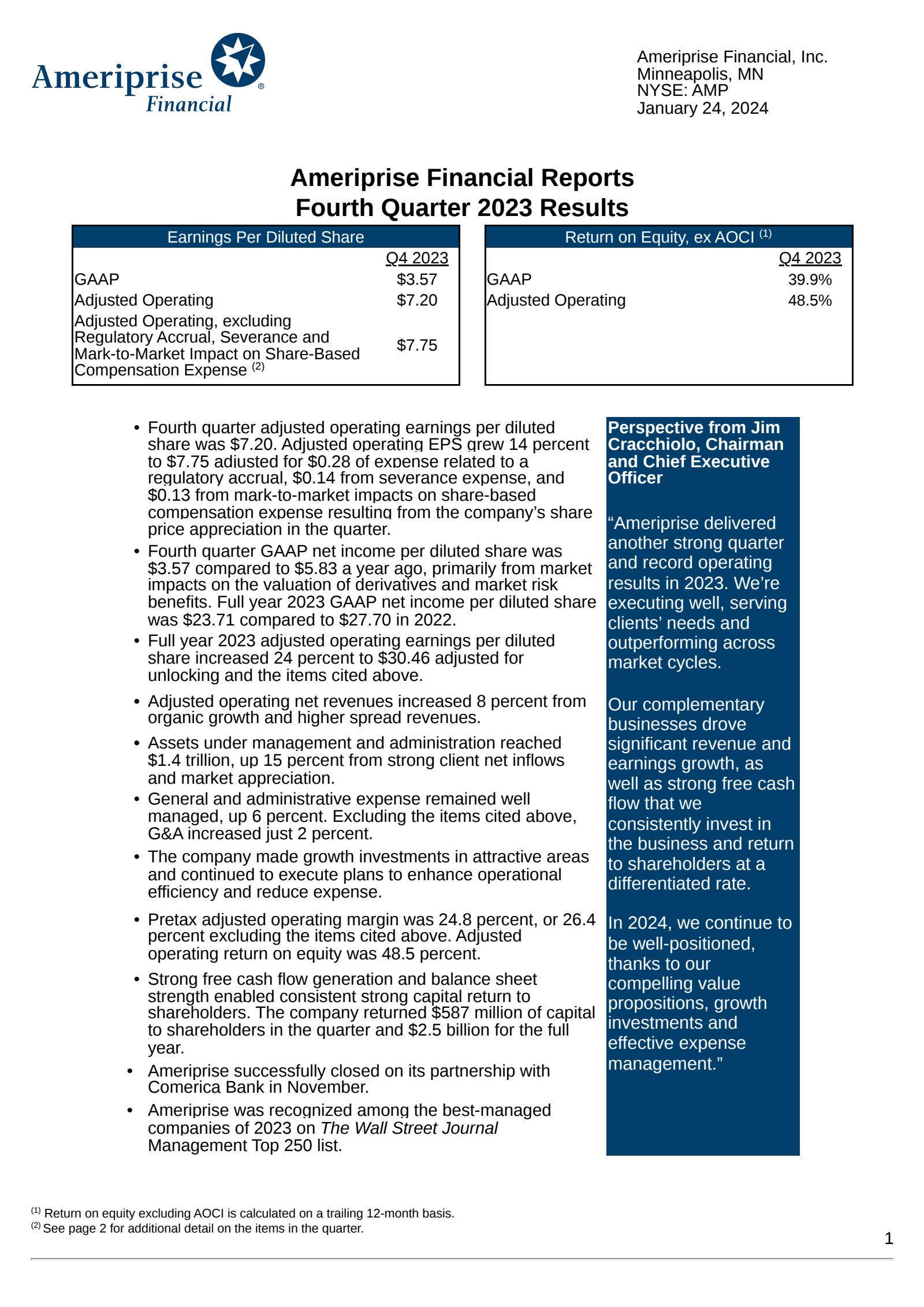 Ameriprise Financial's Q4 2023 Press Release