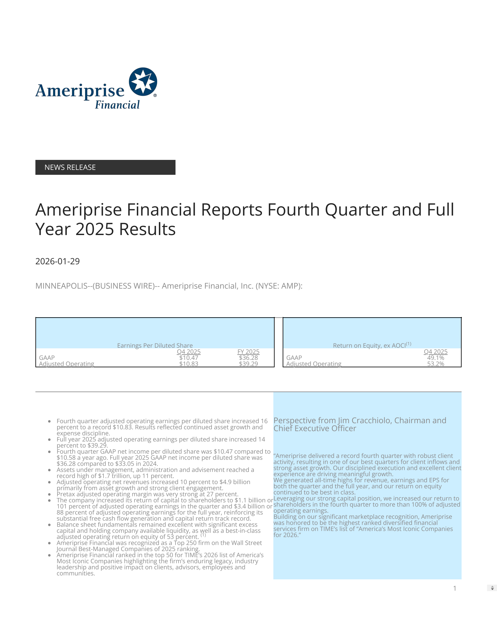 Ameriprise Financial's Q4 2025 Press Release