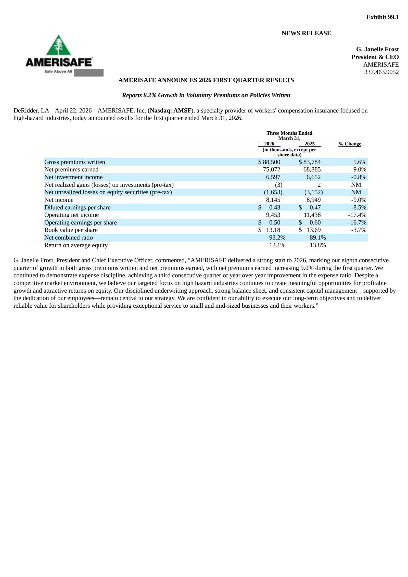 AMERISAFE's Q1 2026 Press Release