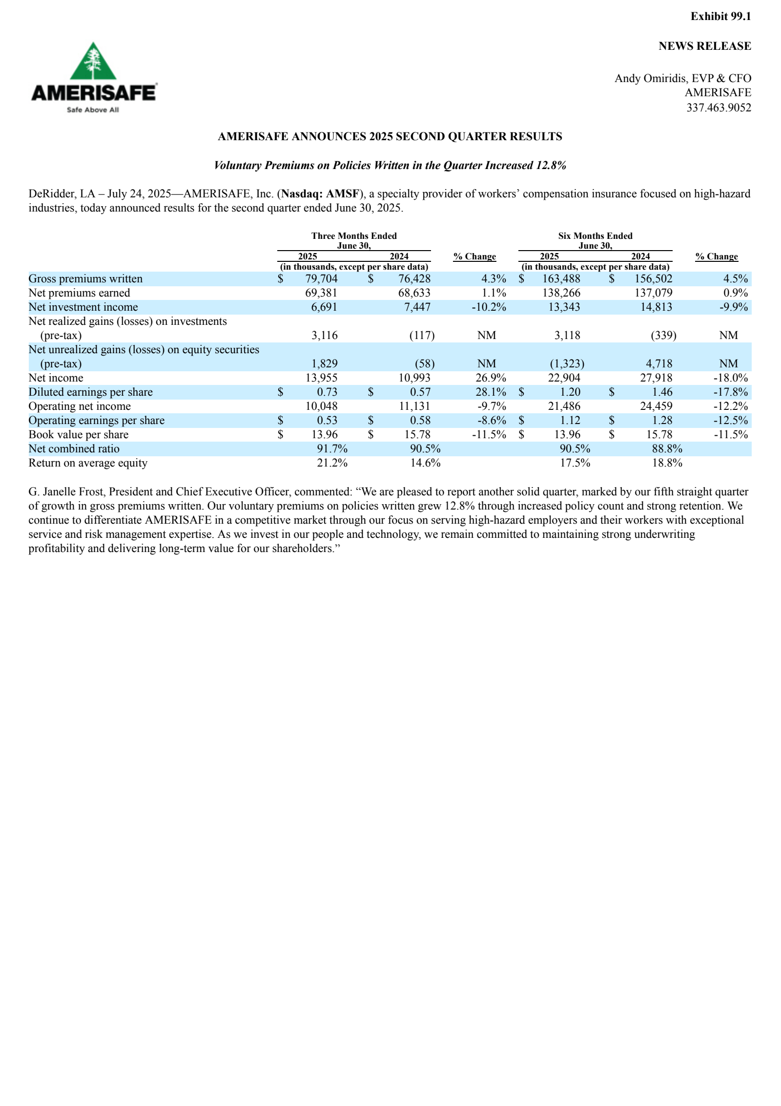 AMERISAFE's Q2 2025 Press Release