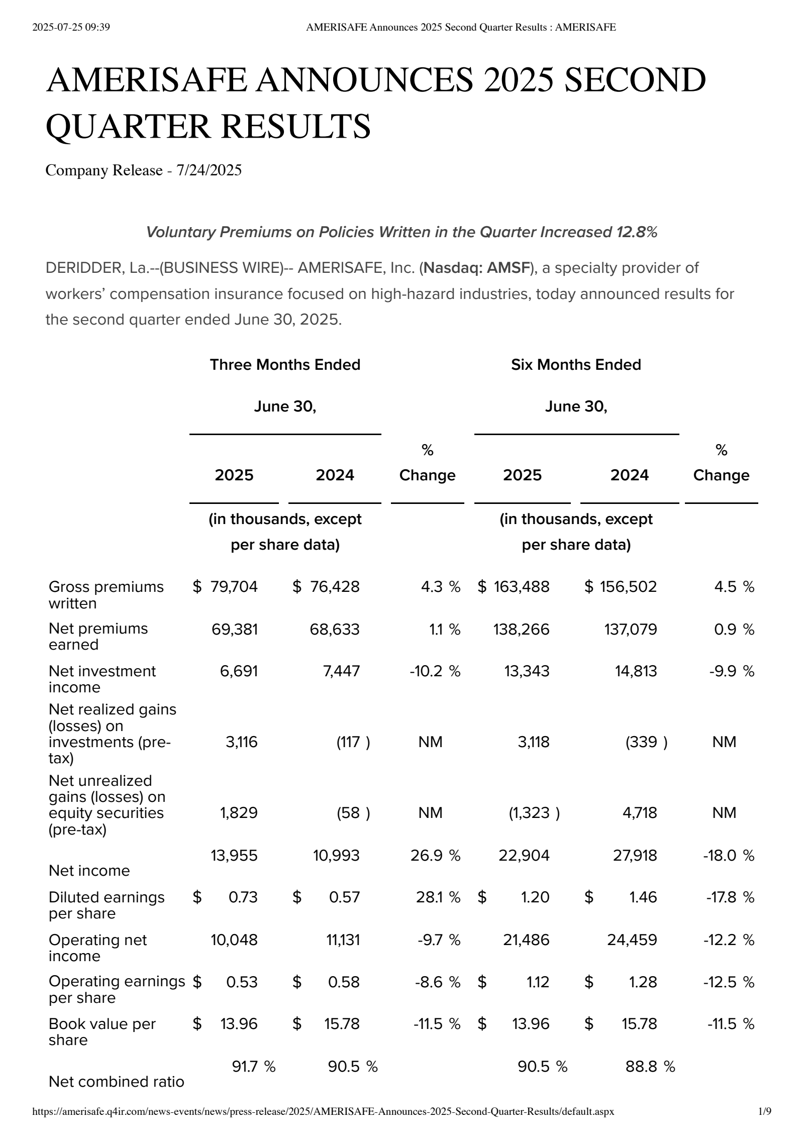 AMERISAFE's Q2 2025 Press Release