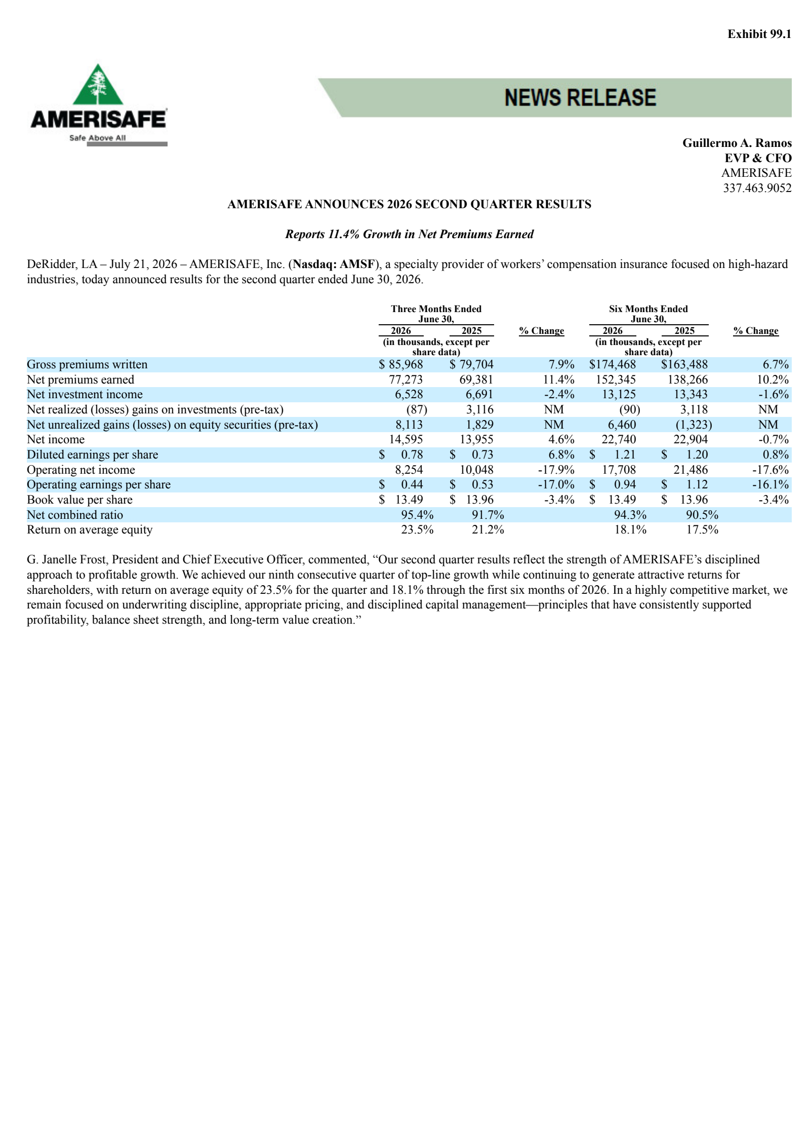 AMERISAFE's Q2 2026 Press Release