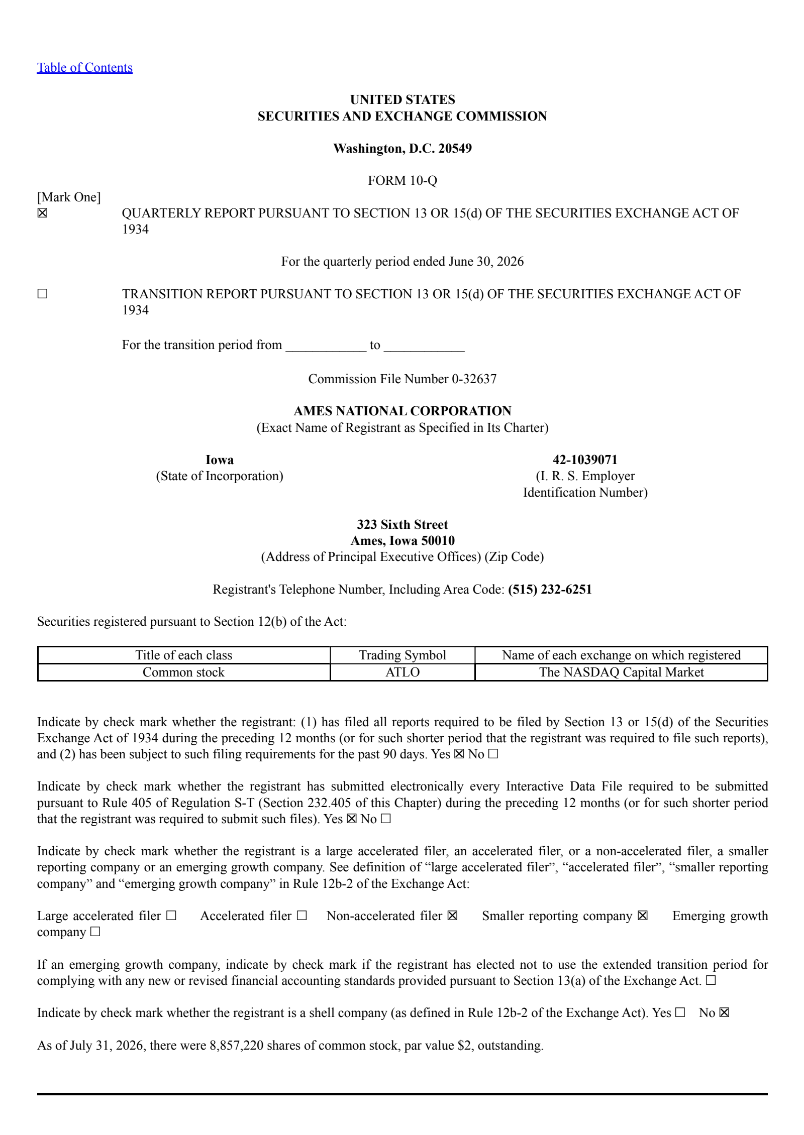 Ames National's Q2 2026 Quarterly report