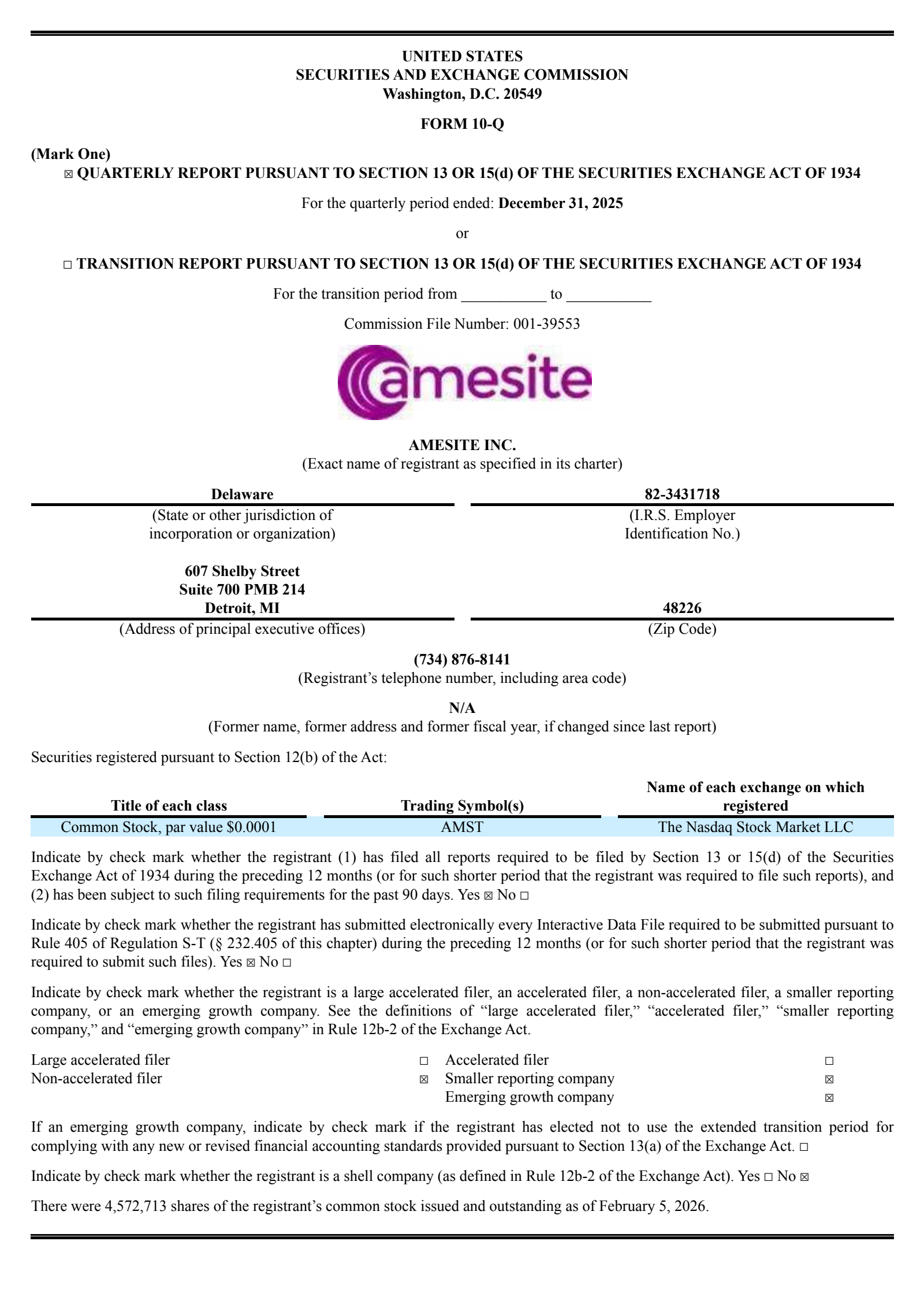 Amesite's Q2 2026 Quarterly report