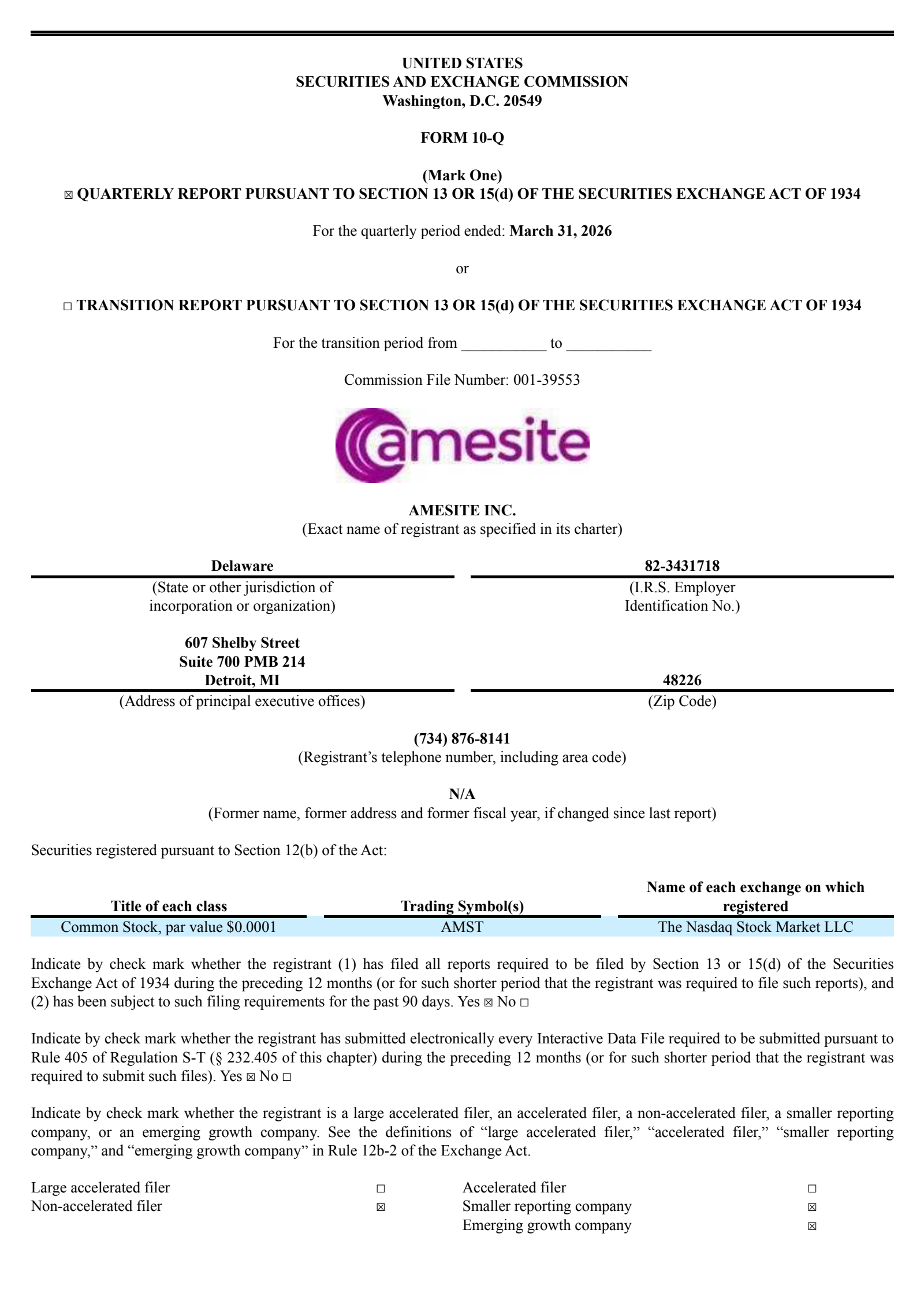 Amesite's Q3 2026 Quarterly report