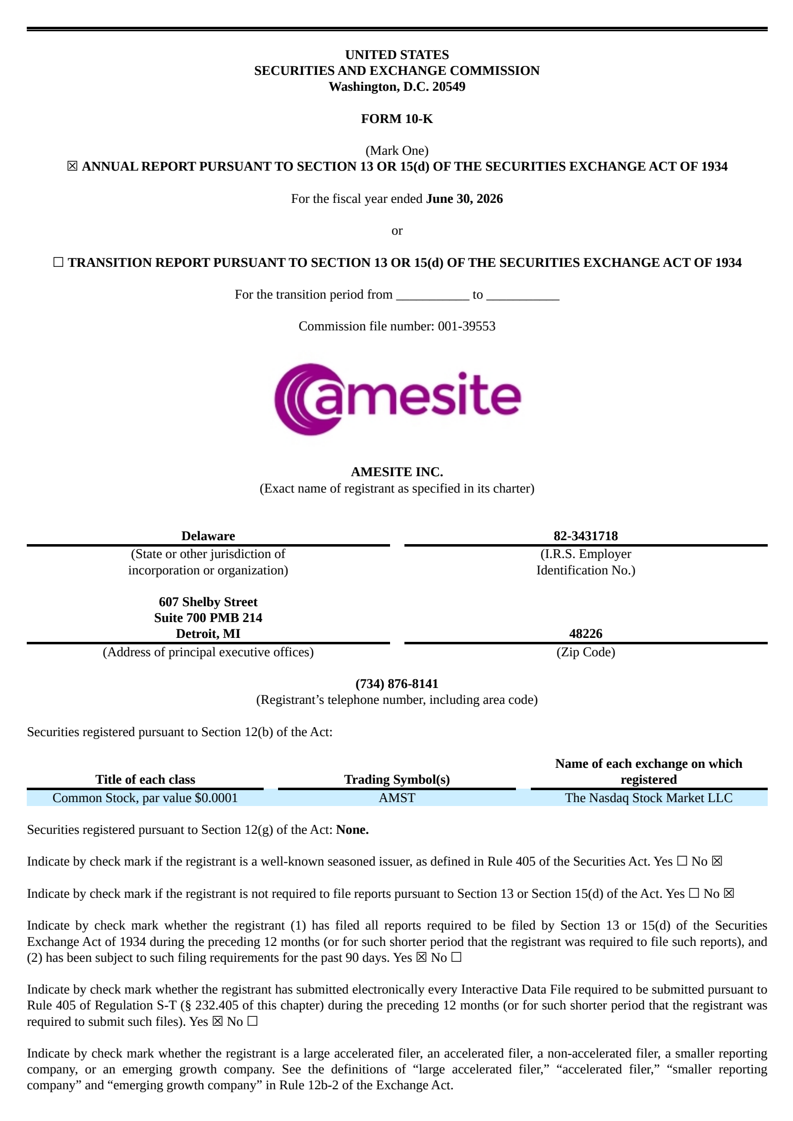 Amesite's Q4 2026 Annual report