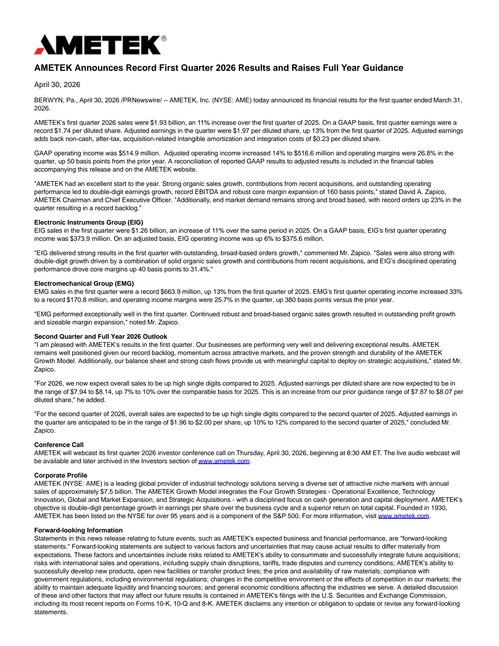 AMETEK's Q1 2026 Press Release
