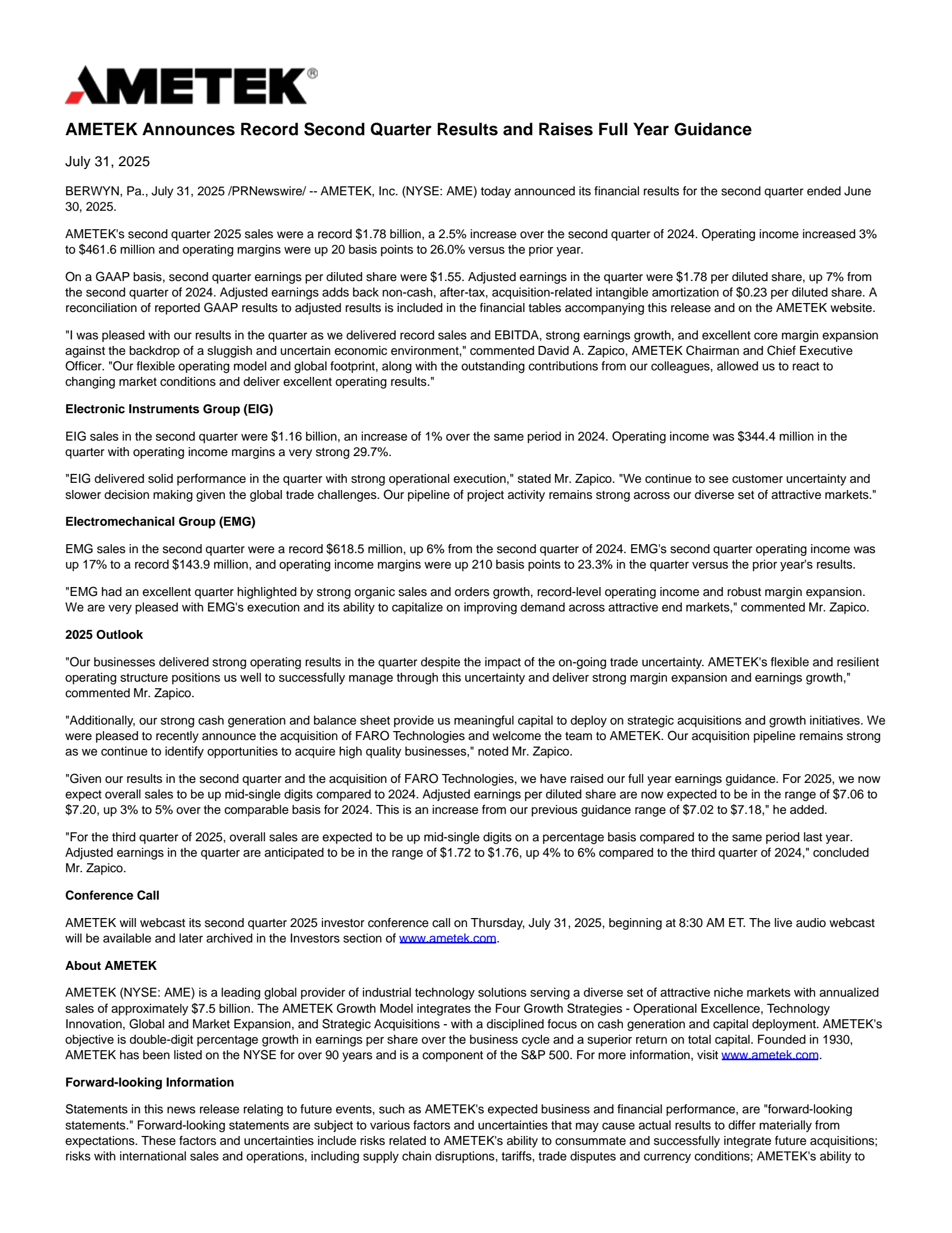 AMETEK's Q2 2025 Press Release