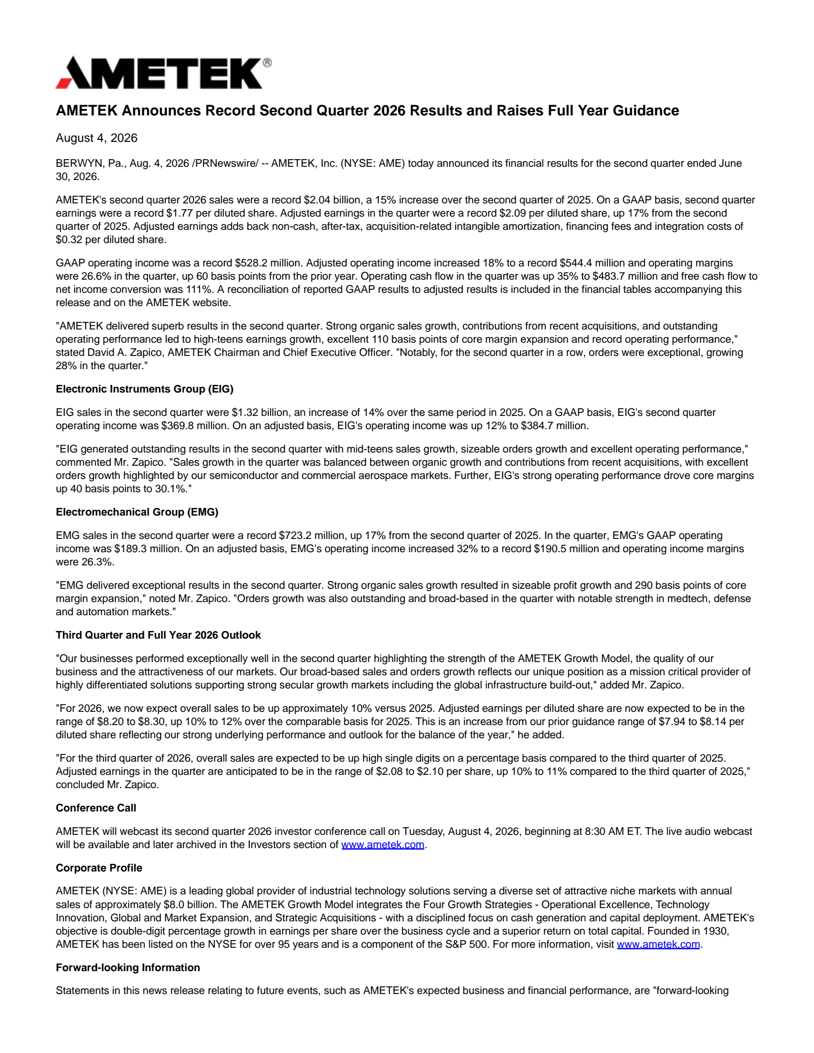 AMETEK's Q2 2026 Press Release